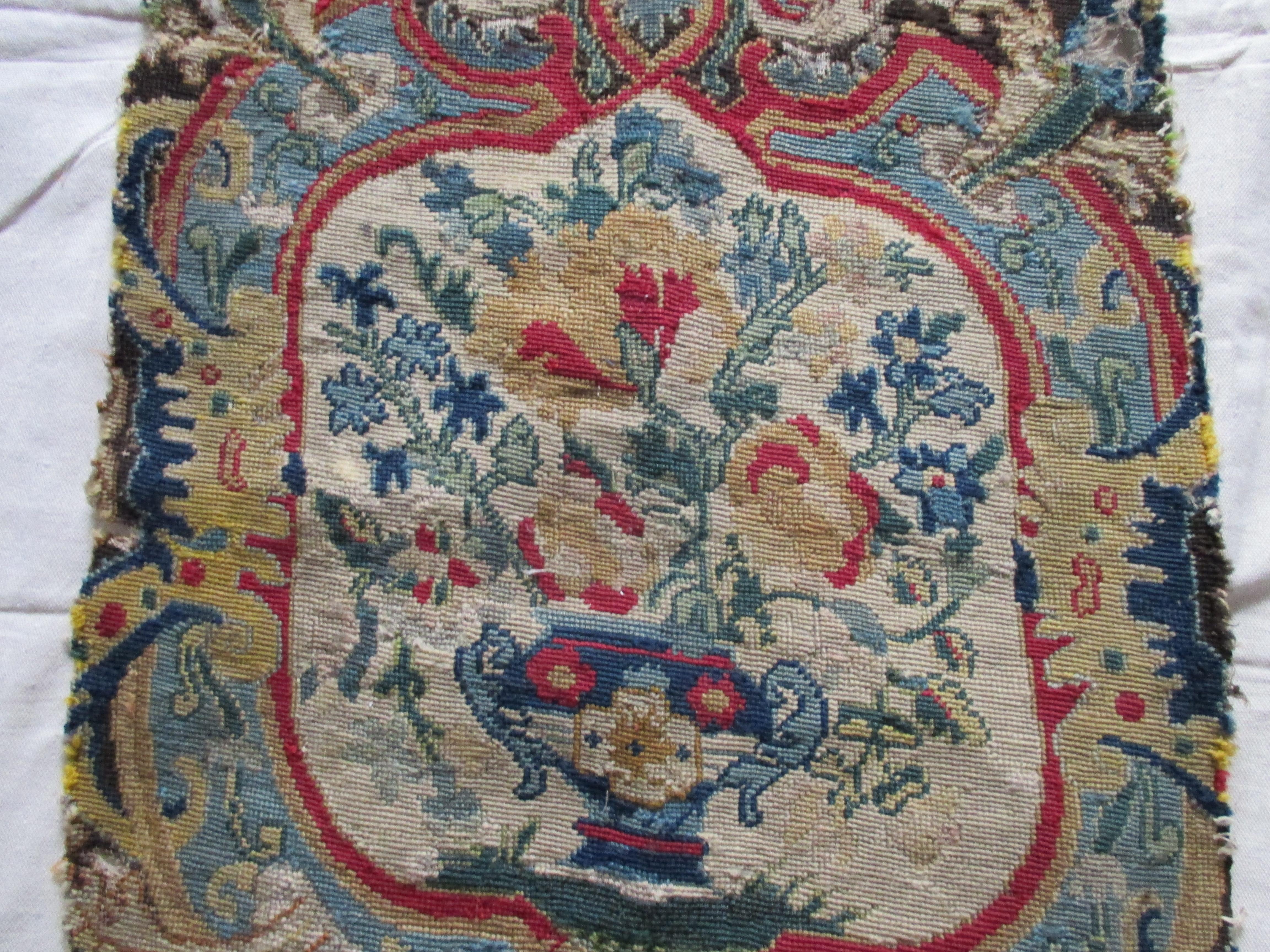 Regency Antique Red and Blue Floral Petit Point Tapestry Fragment For Sale