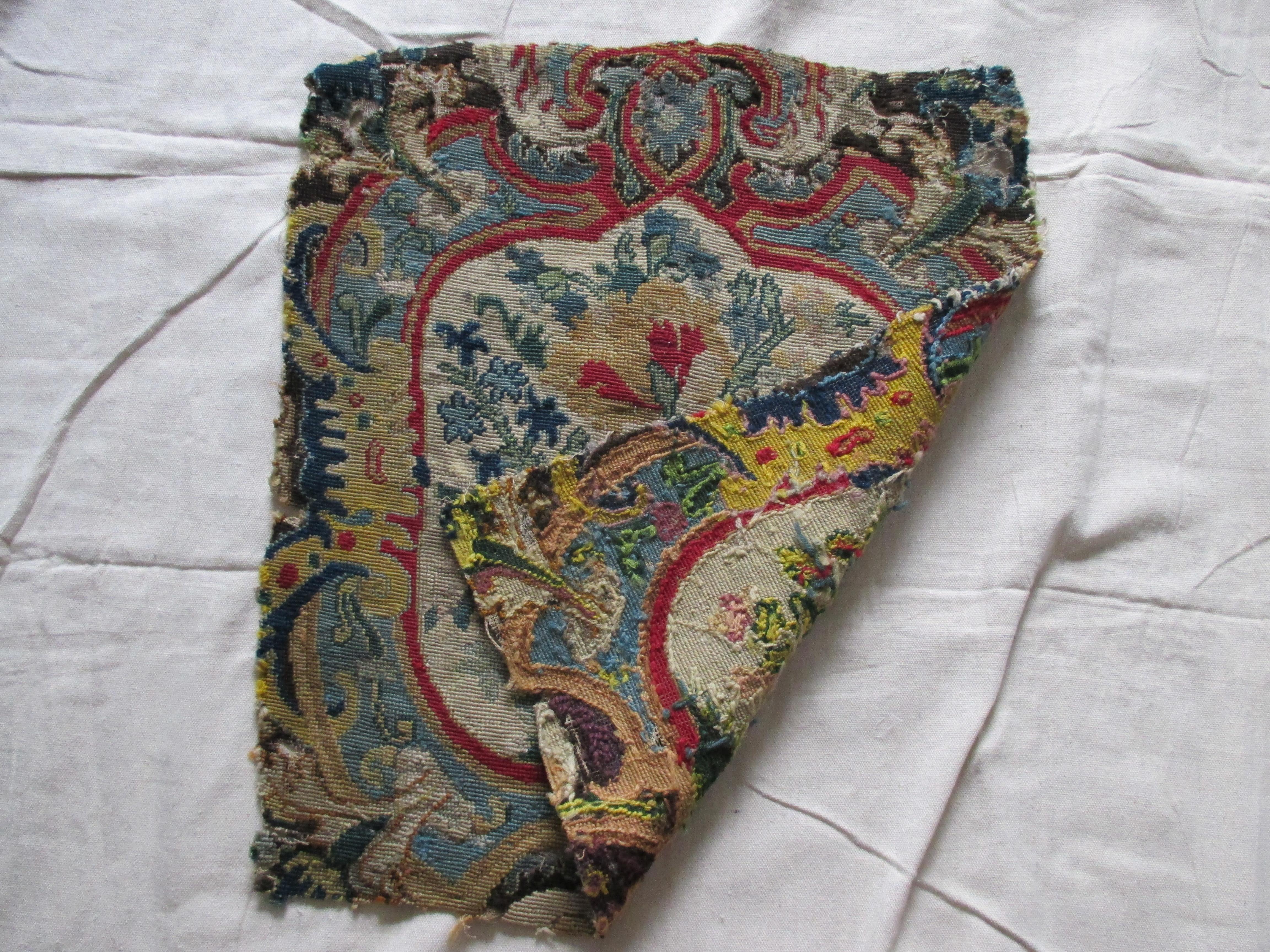 French Antique Red and Blue Floral Petit Point Tapestry Fragment For Sale