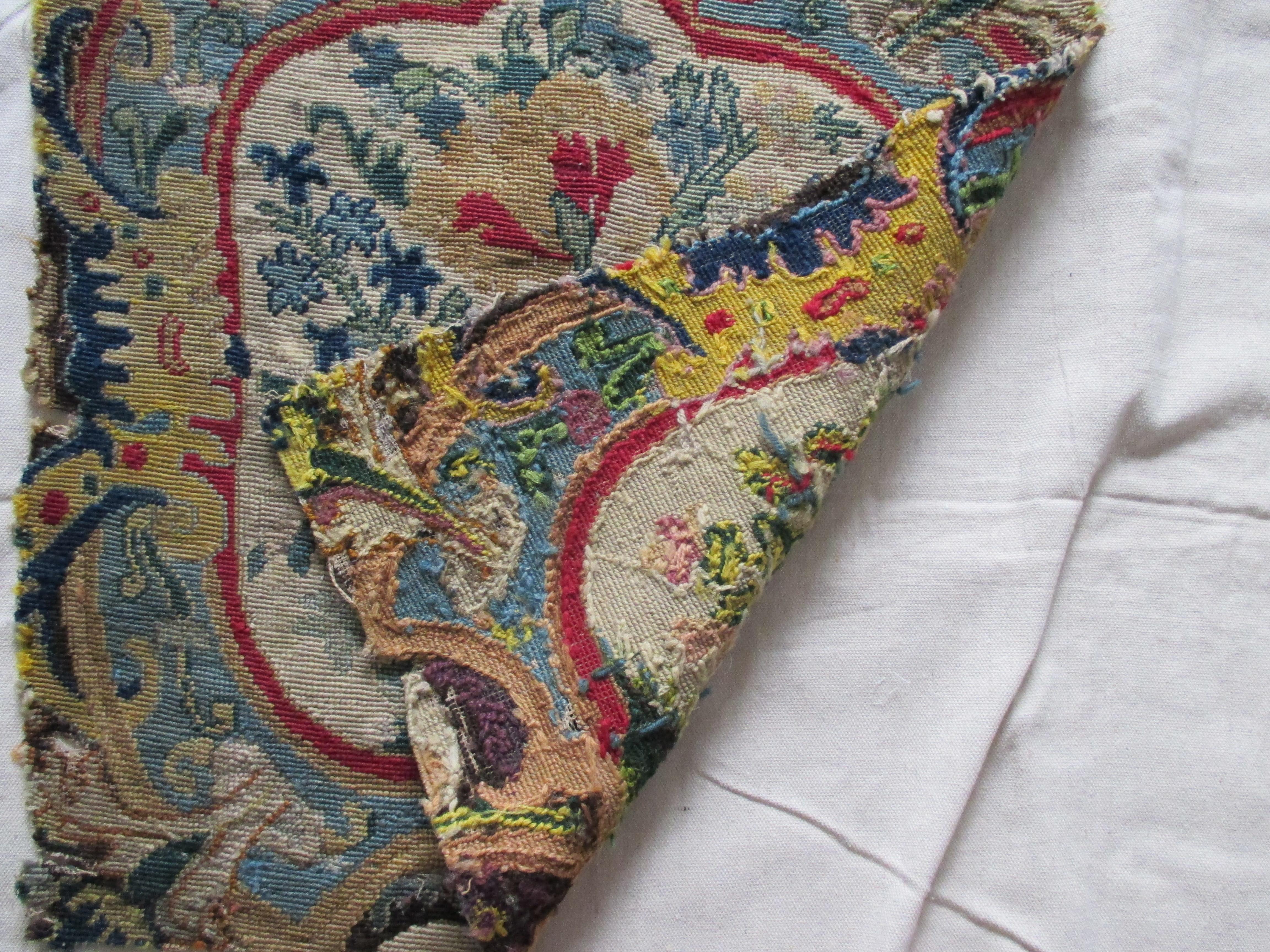 Hand-Knotted Antique Red and Blue Floral Petit Point Tapestry Fragment For Sale