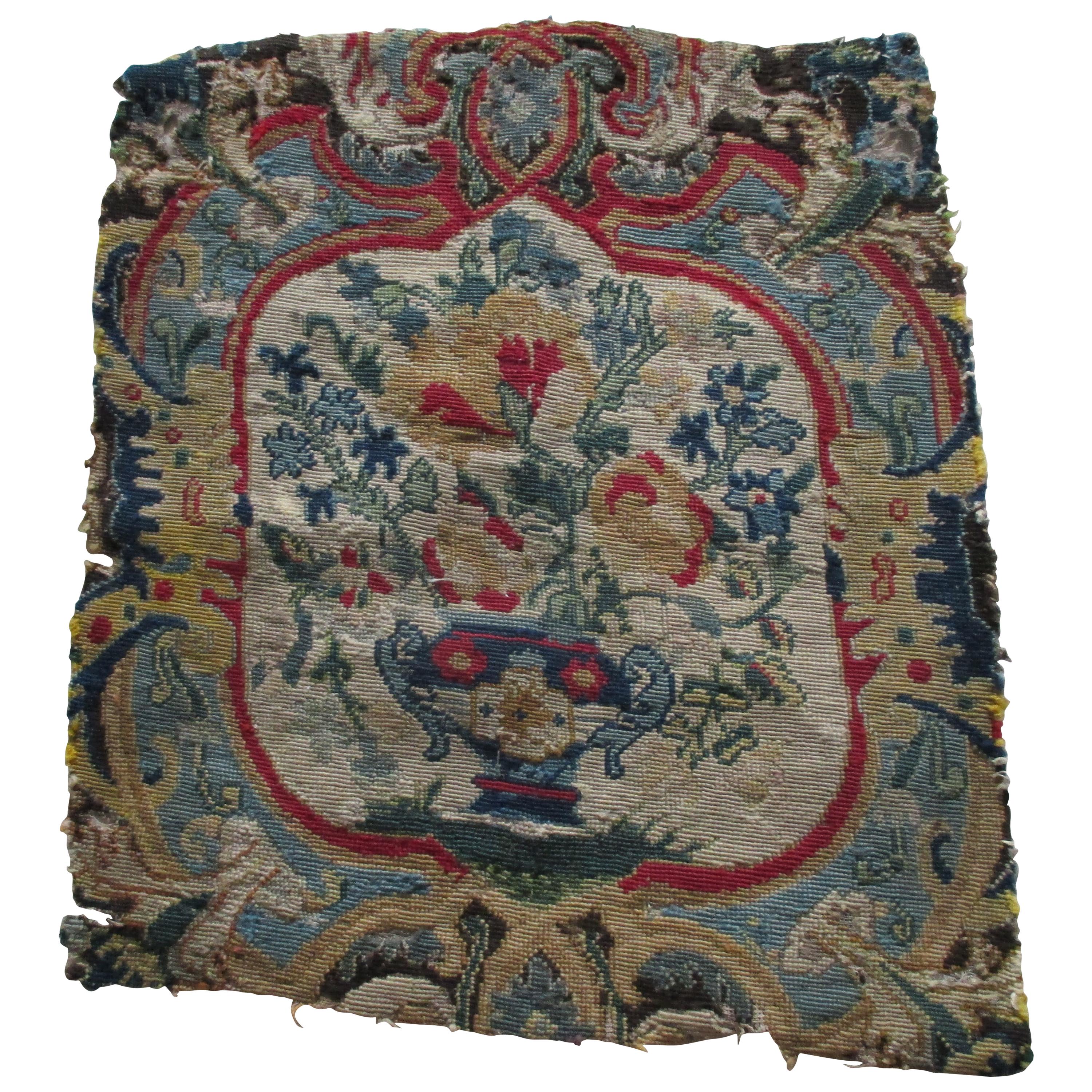 Antique Red and Blue Floral Petit Point Tapestry Fragment For Sale