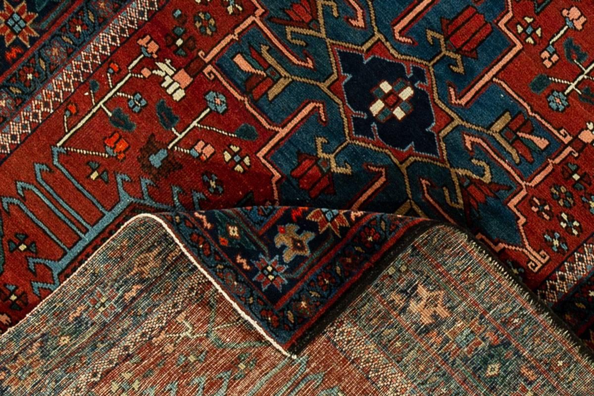 Hand-Knotted Antique Red and Blue Persian Heriz Rug