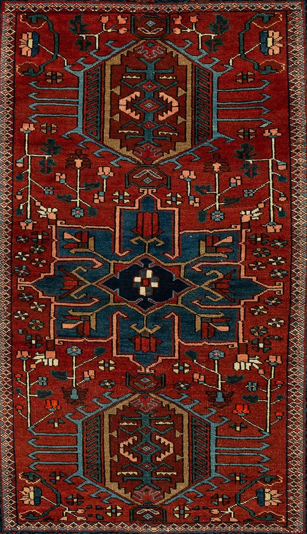 Wool Antique Red and Blue Persian Heriz Rug