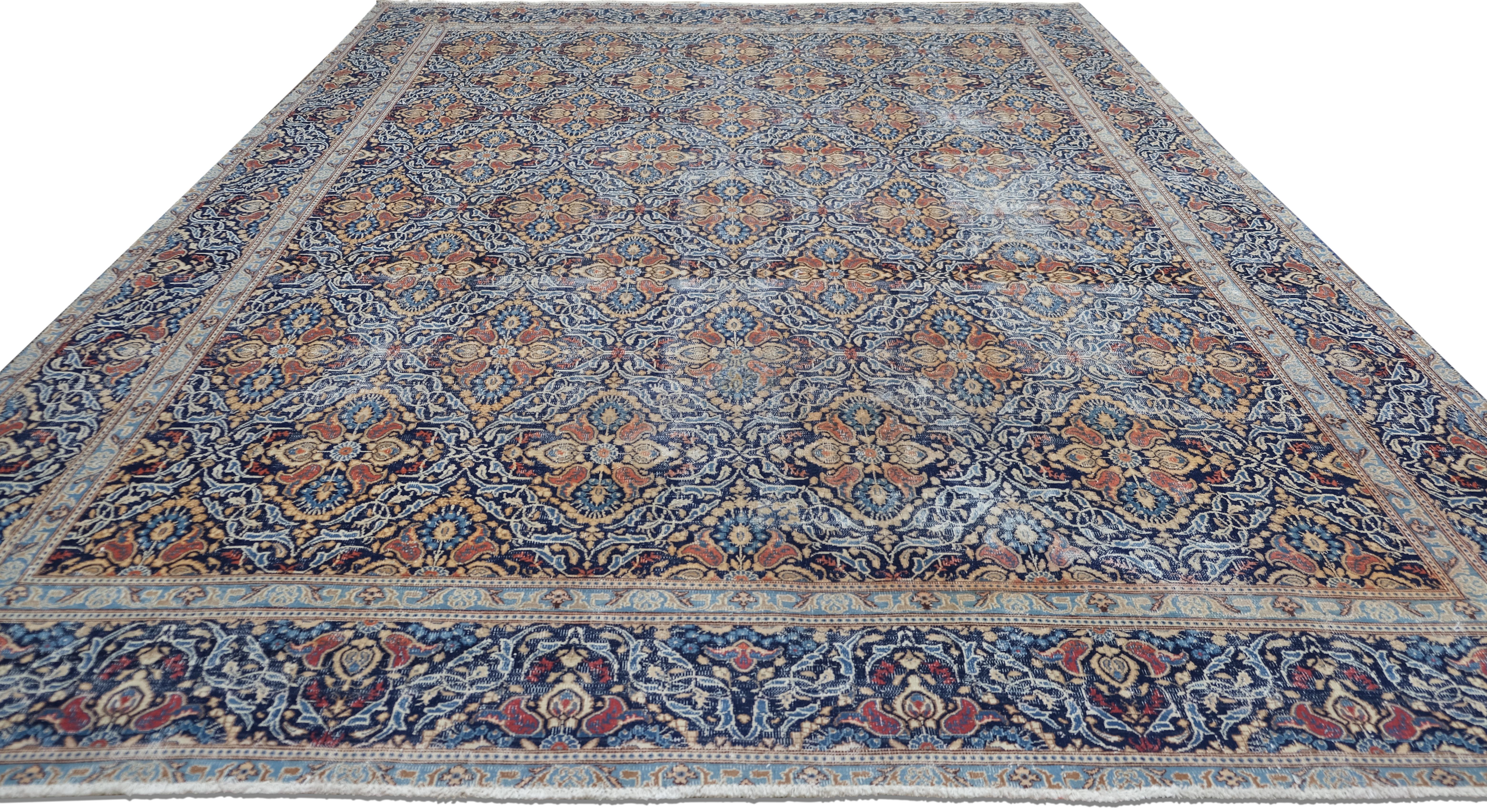 Tapis Tabriz rouge et bleu ancien 9'9''x12'9'' Bon état - En vente à Torrance, CA