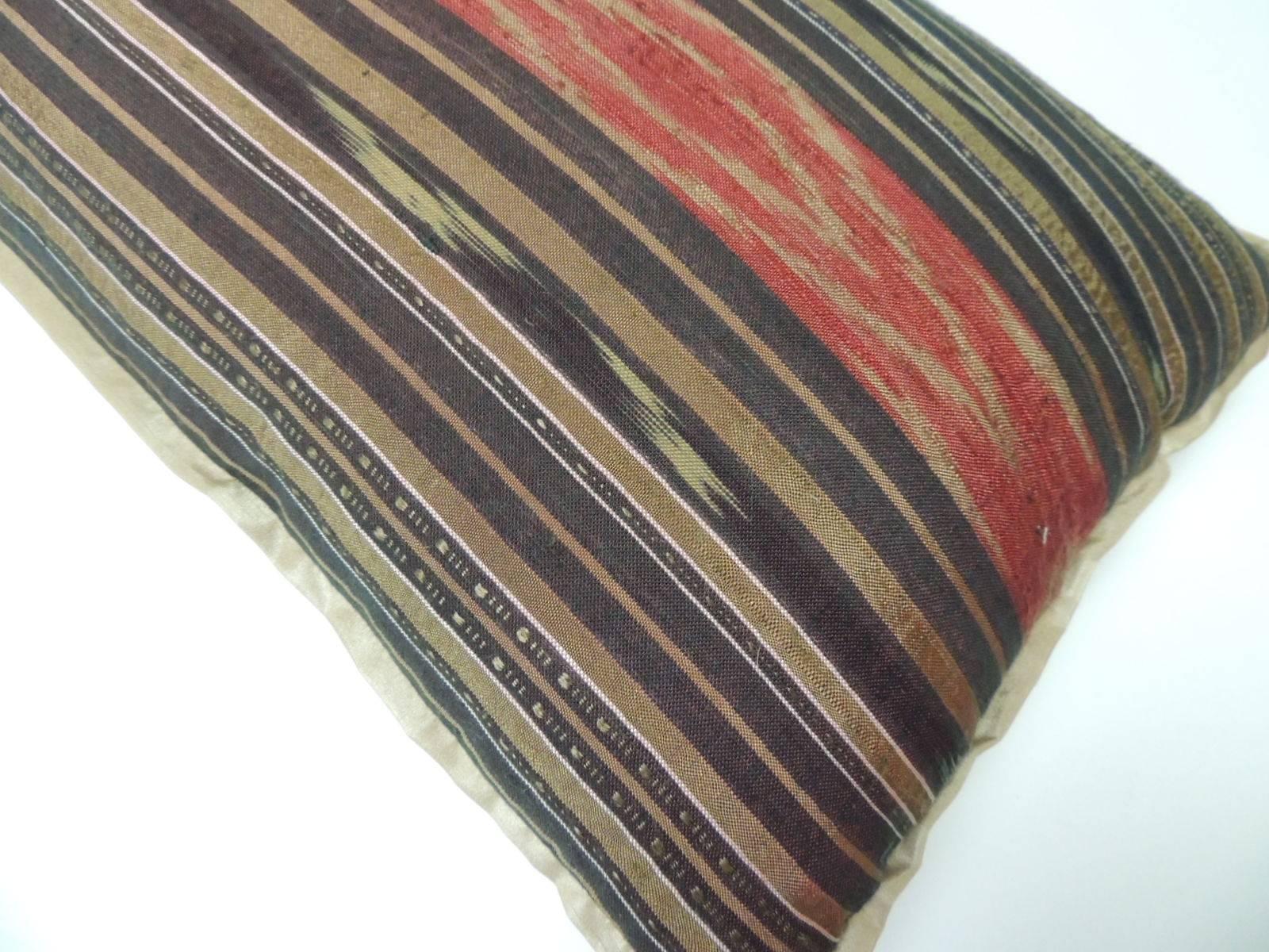 Tribal Vintage Red and Brown Silk Ikat Decorative Bolster Pillow For Sale