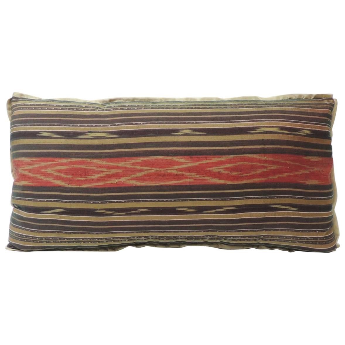 Vintage Red and Brown Silk Ikat Decorative Bolster Pillow For Sale