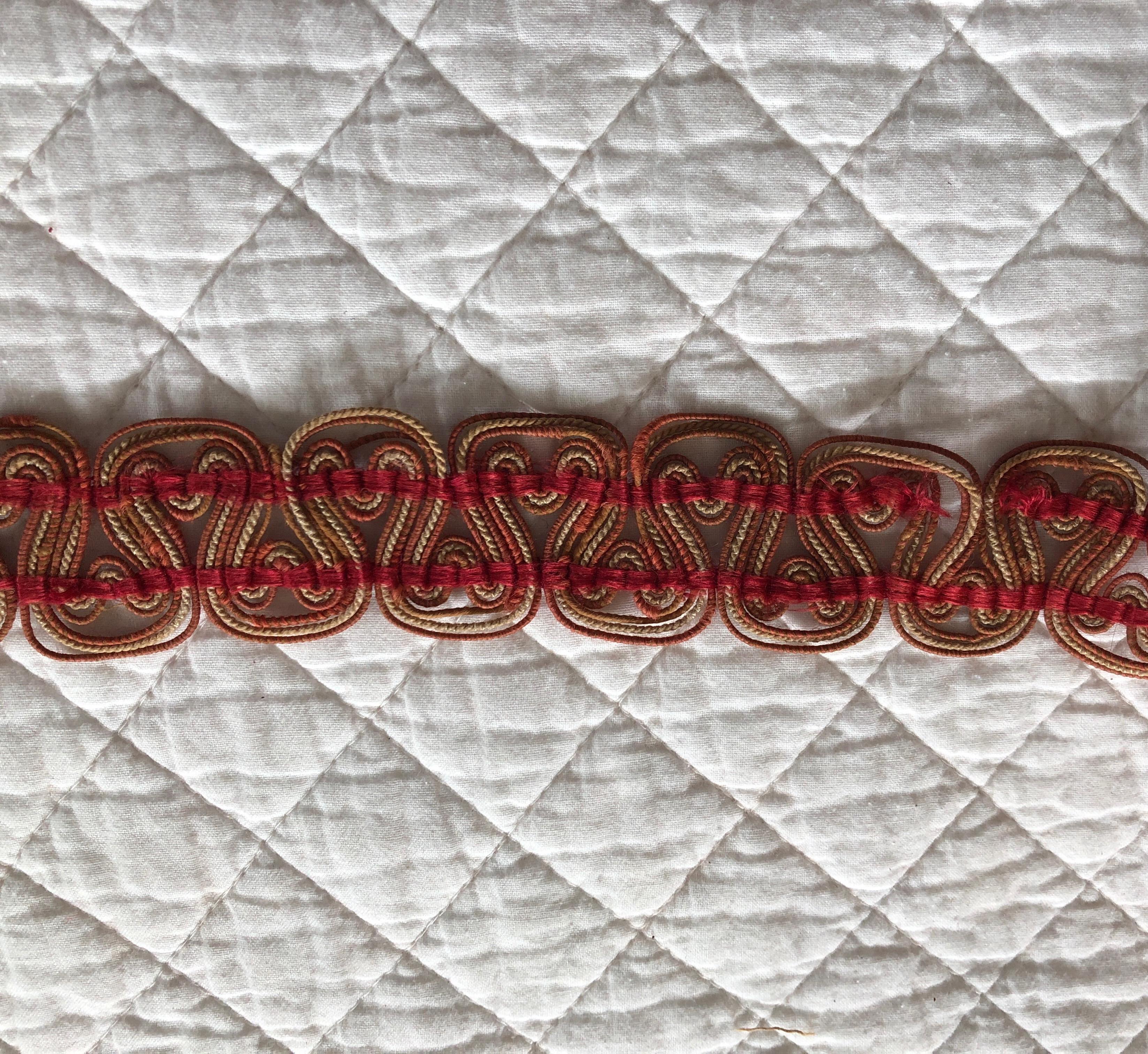 Antique red and gold French woven and braided trims lot,
Sold as is.
Ideal for pillows or upholstery.
Fragment sizes:
50 x 2.5
54 x 2.5
46 x 2.5
73 x 2.5.