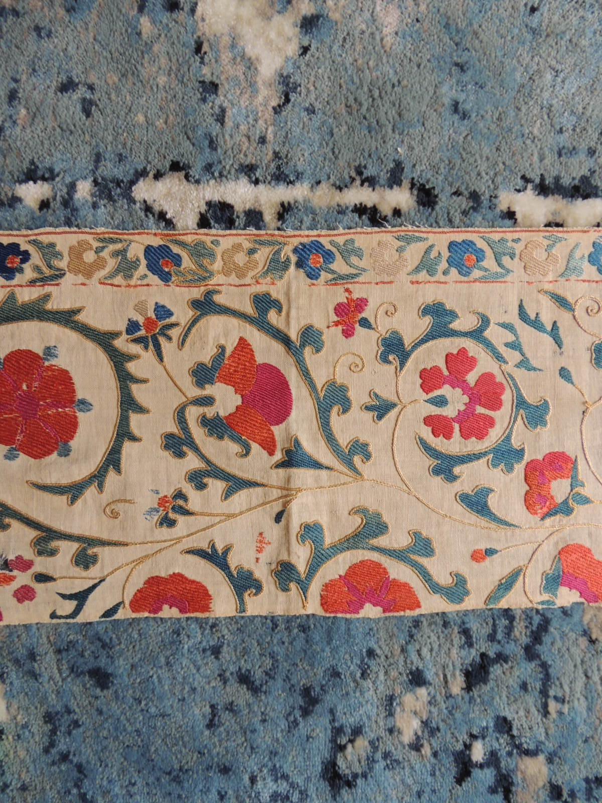 Uzbek Antique Red and Green Floral Suzani Table Runner