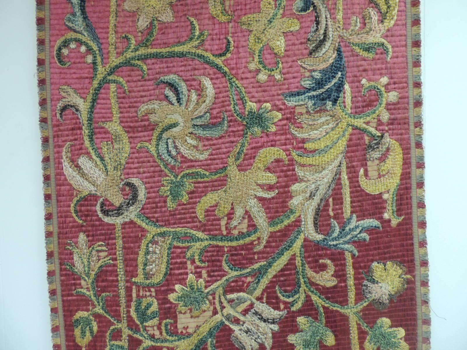 Antique red and green Italian silk floss threads embroidery panel.
Hand embroidered silk panel depicting flowers, vines and fruits.
Backed with red silk and framed with a small multi-color silk trim.
In shades of red, gold, green and