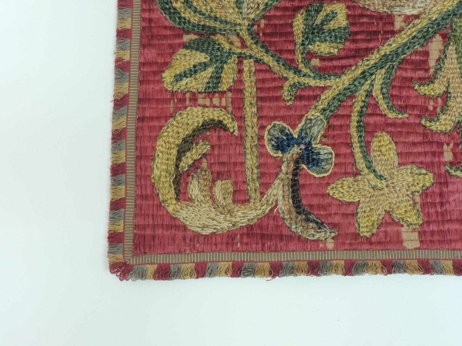 Hollywood Regency Antique Red and Green Italian Silk Floss Threads Embroidery Panel