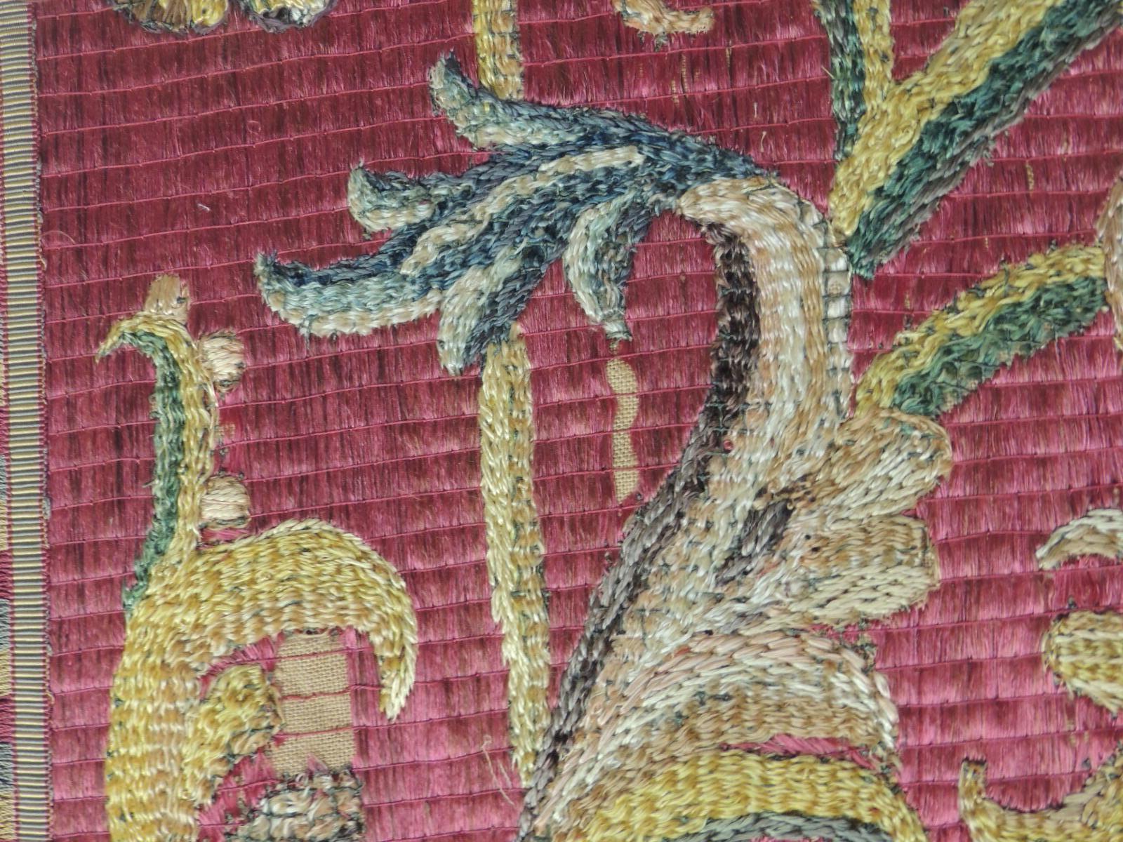 Antique Red and Green Italian Silk Floss Threads Embroidery Panel In Good Condition In Oakland Park, FL