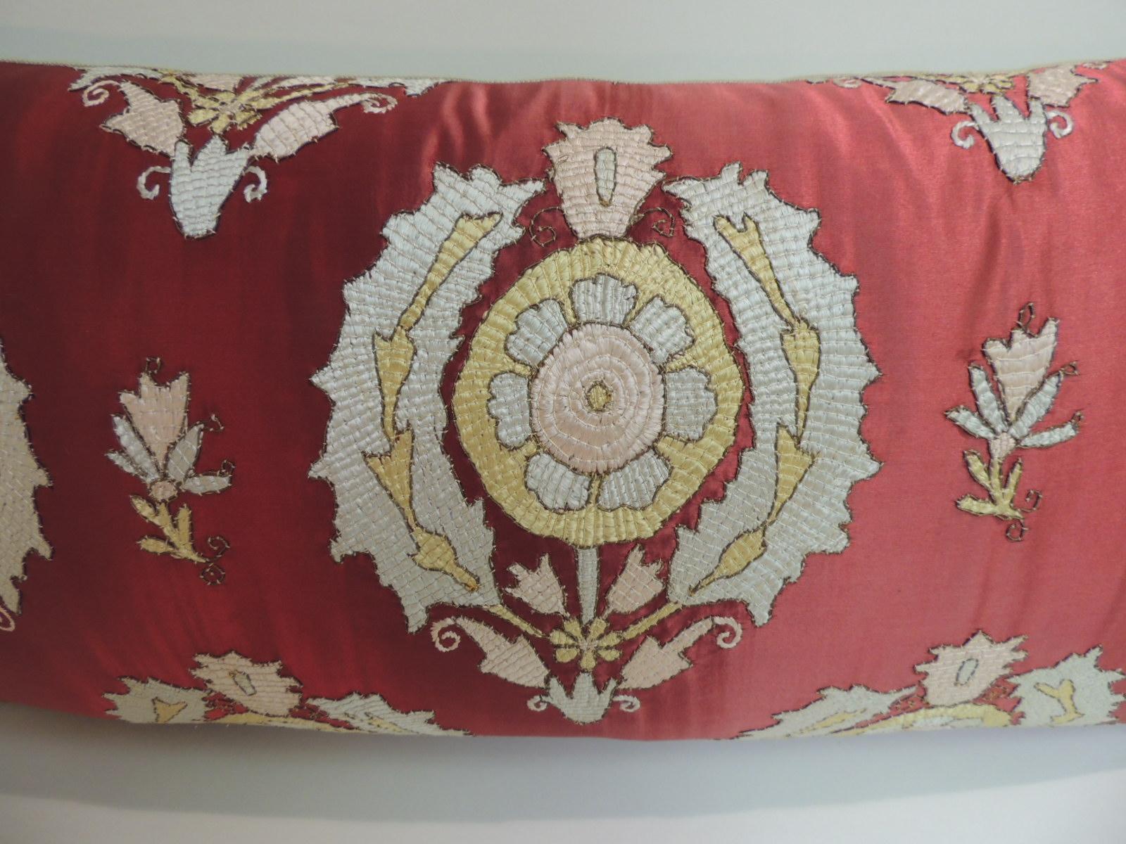 Antique red and green silk embroidered applique long bolster decorative pillow.
Pink, green and red embroidery with metallic threads. Decorative trim on the bottom of the pillow.
Celadon glazed linen in the back.
Decorative pillow handcrafted and