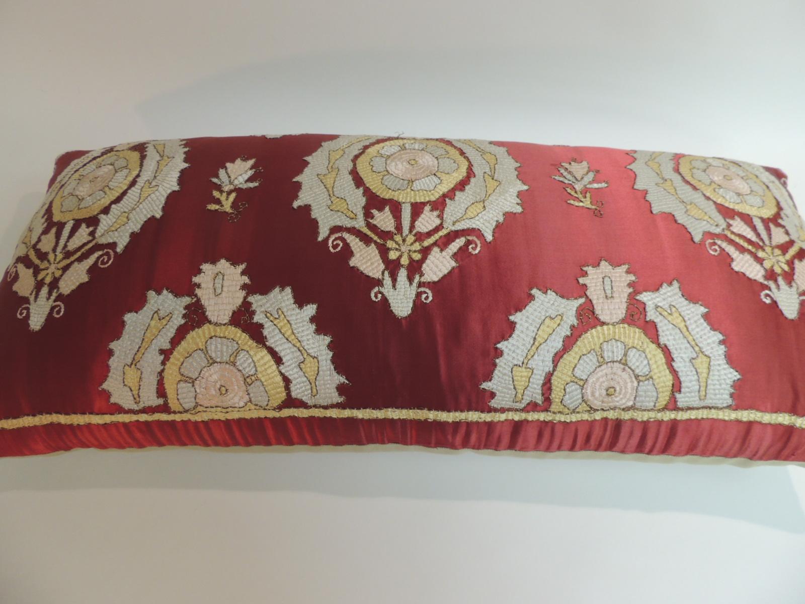 Hand-Crafted Antique Red and Green Silk Embroidered Applique Long Bolster Decorative Pillow