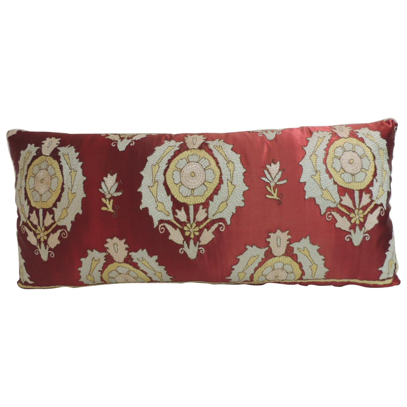 Antique Red and Green Silk Embroidered Applique Long Bolster Decorative Pillow