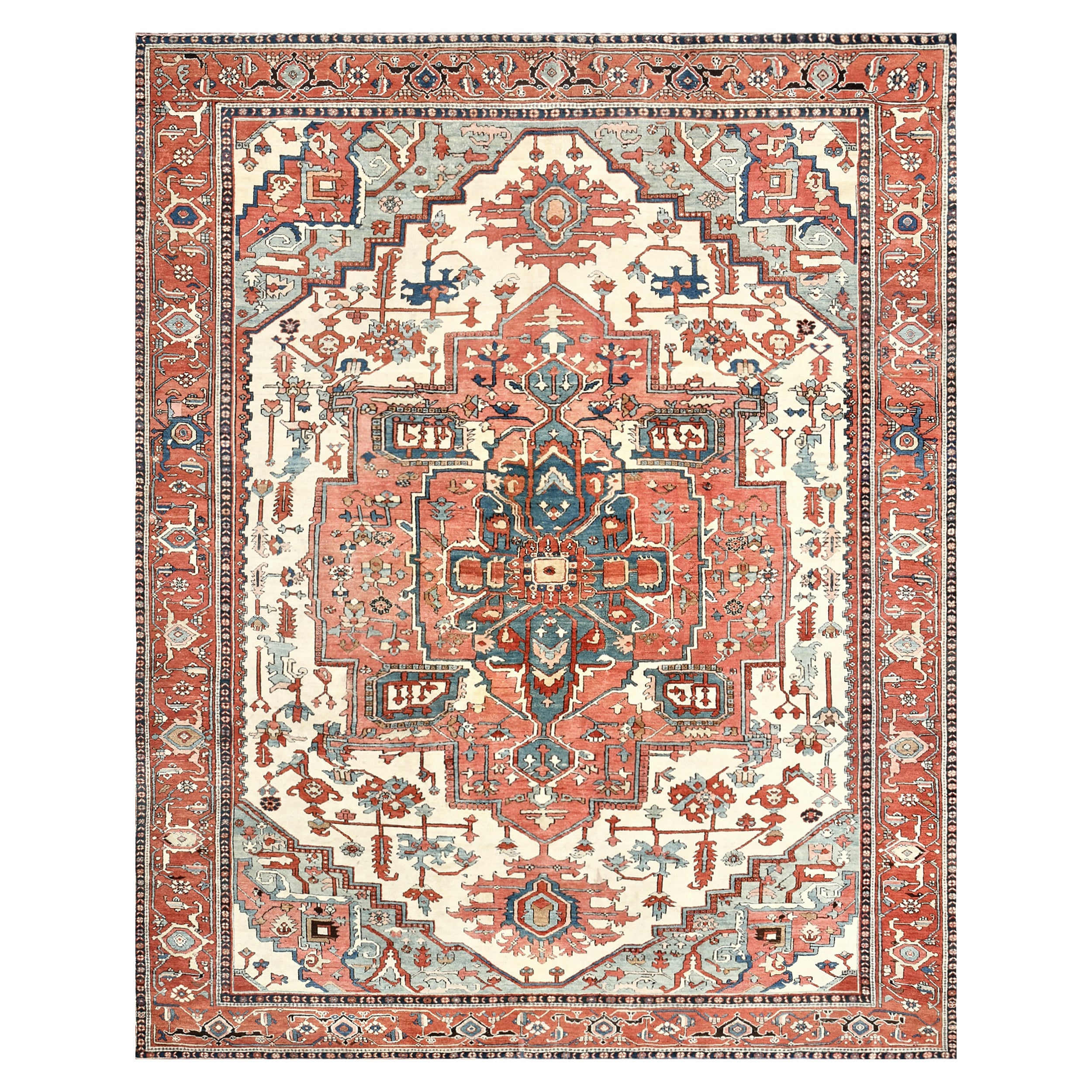 Tapis persan Serapi antique rouge et ivoire à motifs floraux en laine