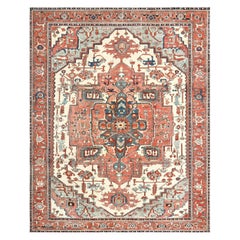 Antique Red and Ivory Wool Floral Persian Serapi Rug