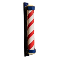 Antique Red and White Milk Glass Barbershop Pole with Porcelain Caps