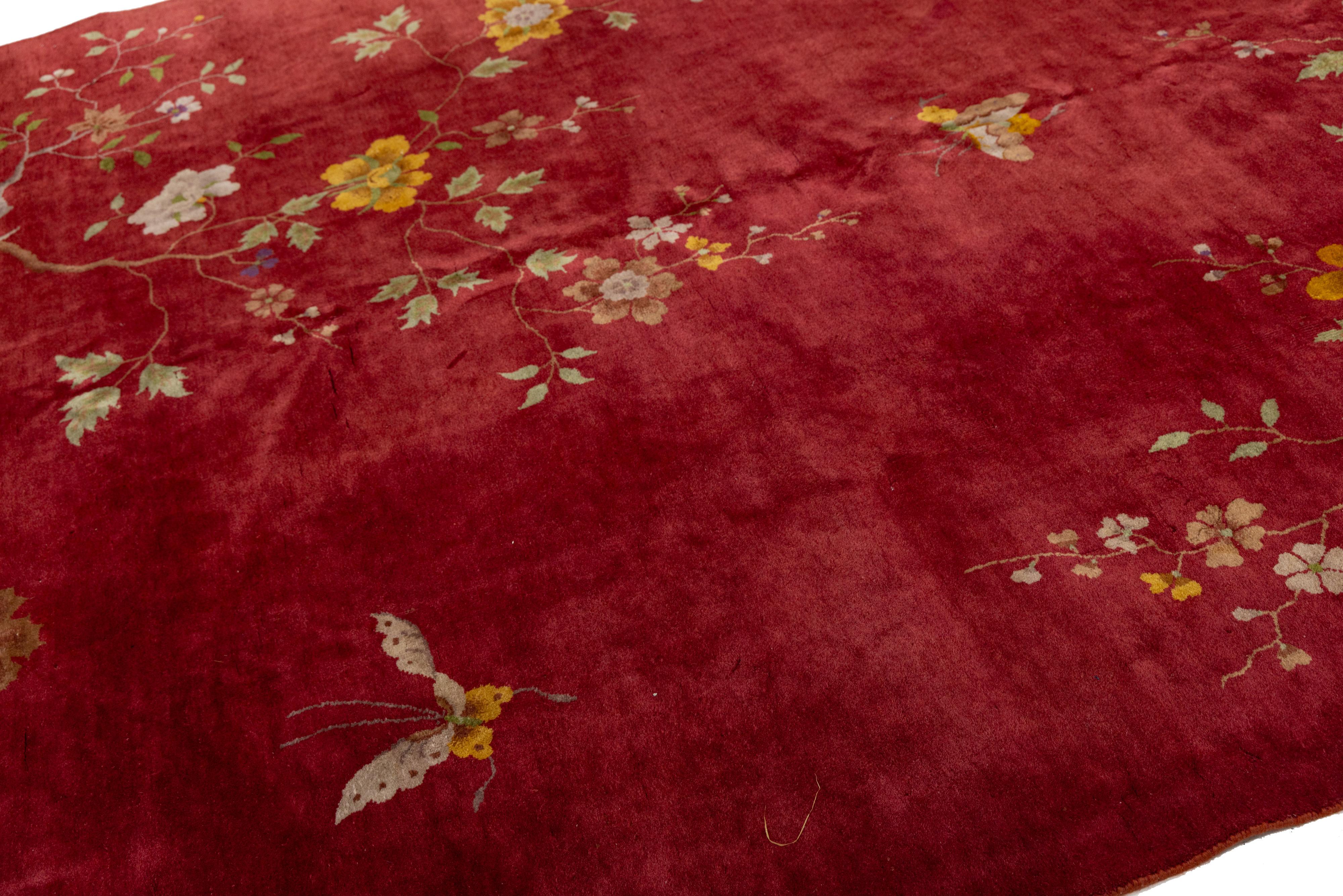 8 x 10 Antique Red Art Deco Chinese Handmade Wool Rug For Sale 6
