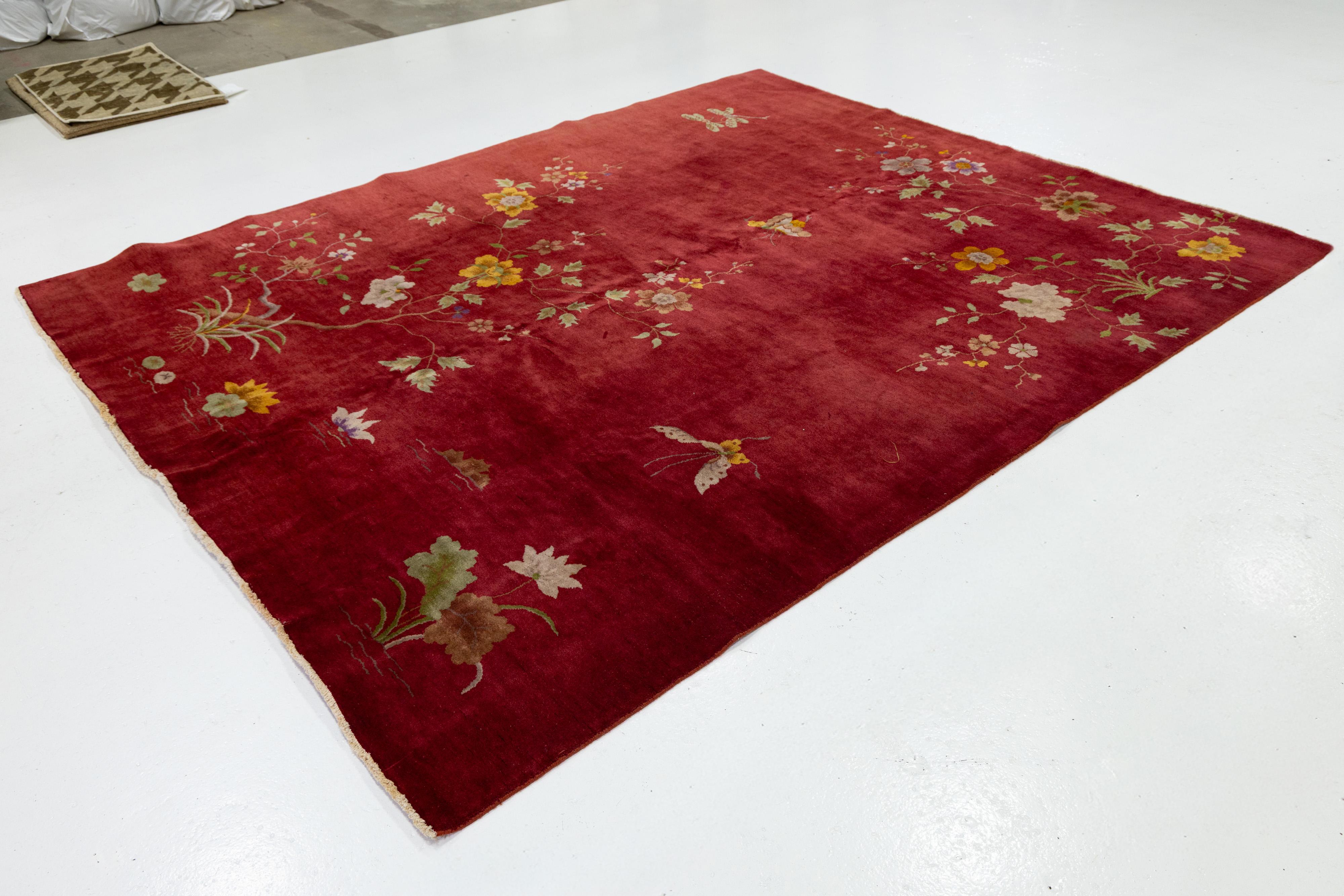 Hand-Knotted 8 x 10 Antique Red Art Deco Chinese Handmade Wool Rug For Sale