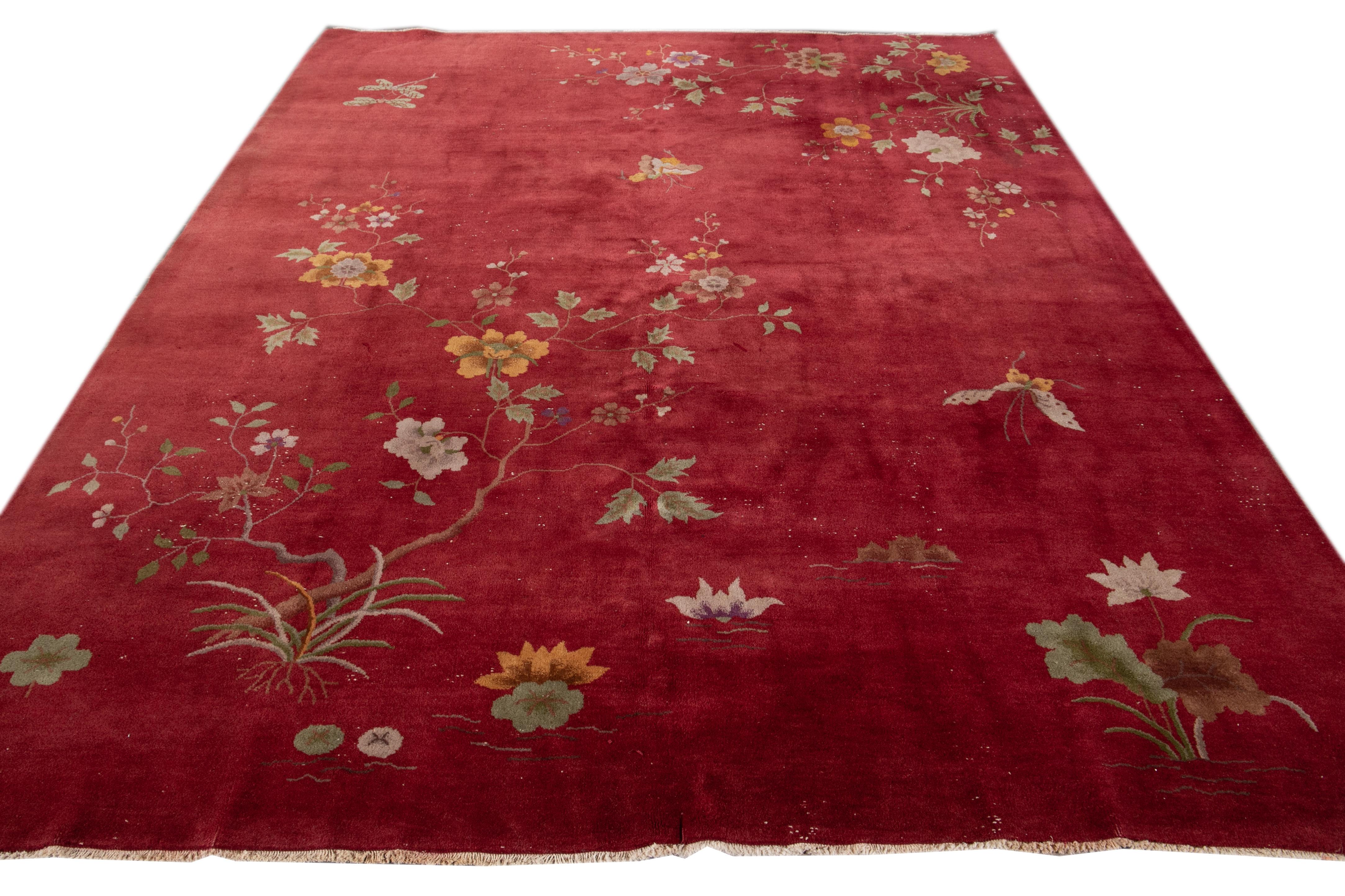 Hand-Knotted Antique Red Art Deco Chinese Handmade Wool Rug For Sale