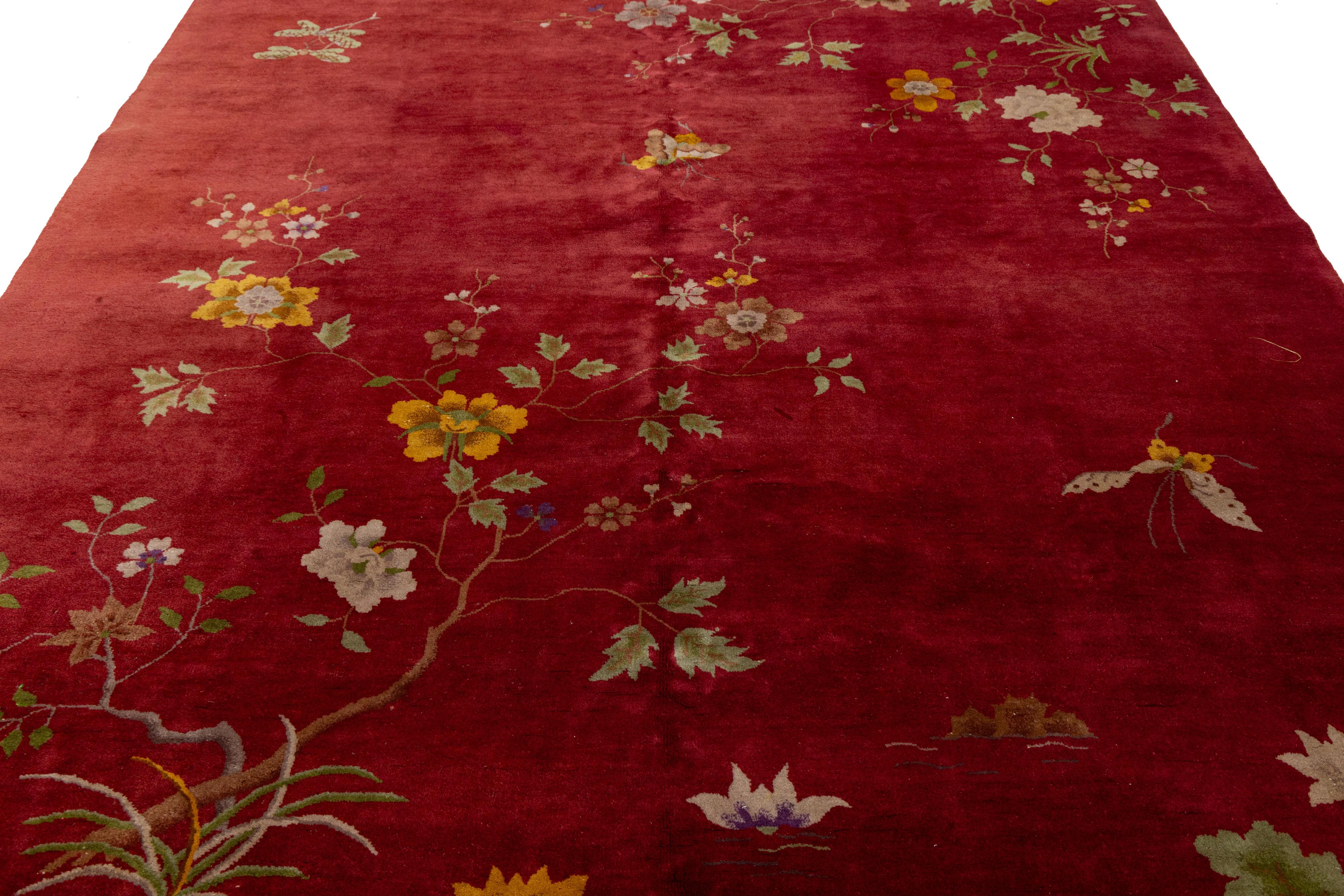 8 x 10 Antique Red Art Deco Chinese Handmade Wool Rug For Sale 3