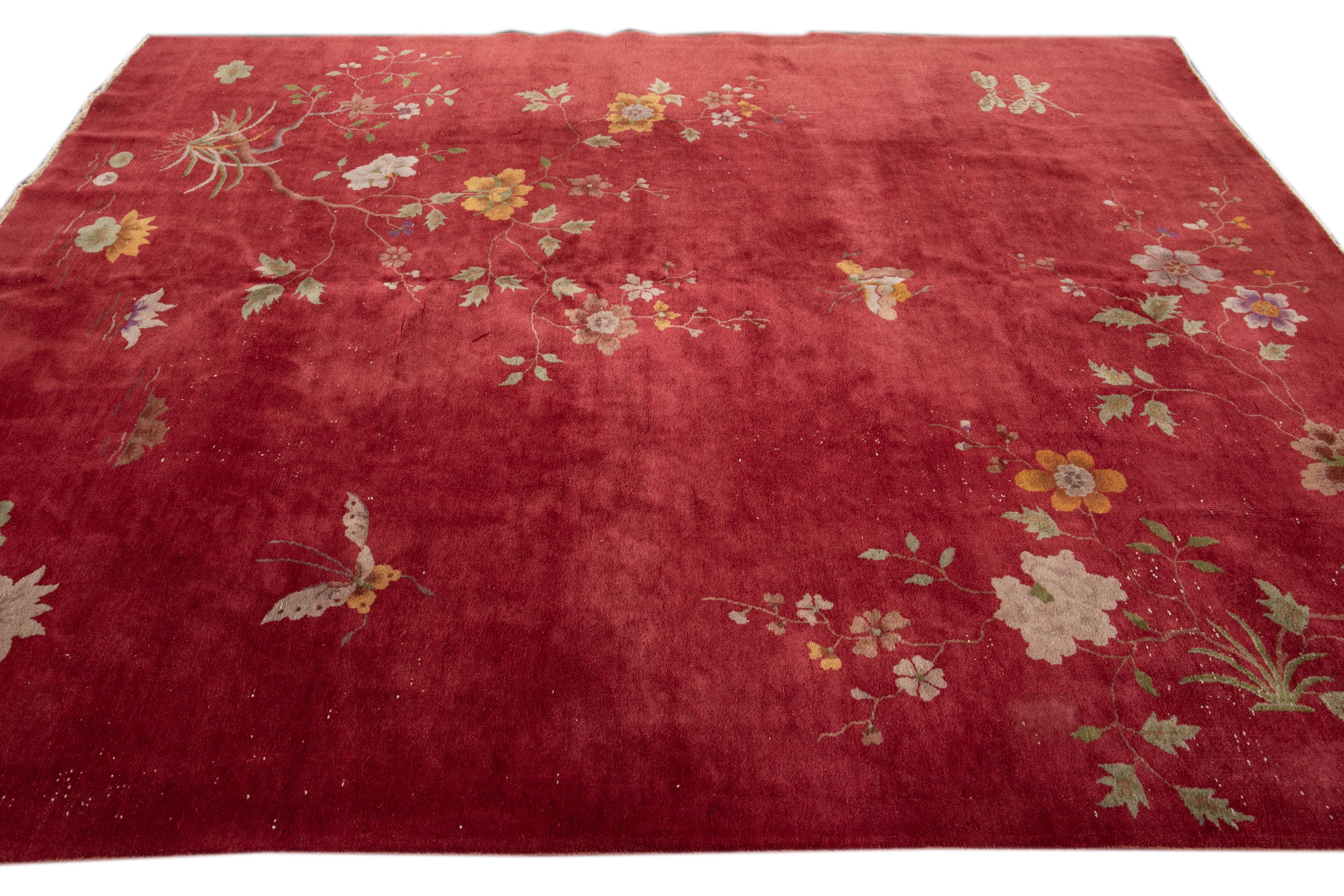 Antique Red Art Deco Chinese Handmade Wool Rug For Sale 2