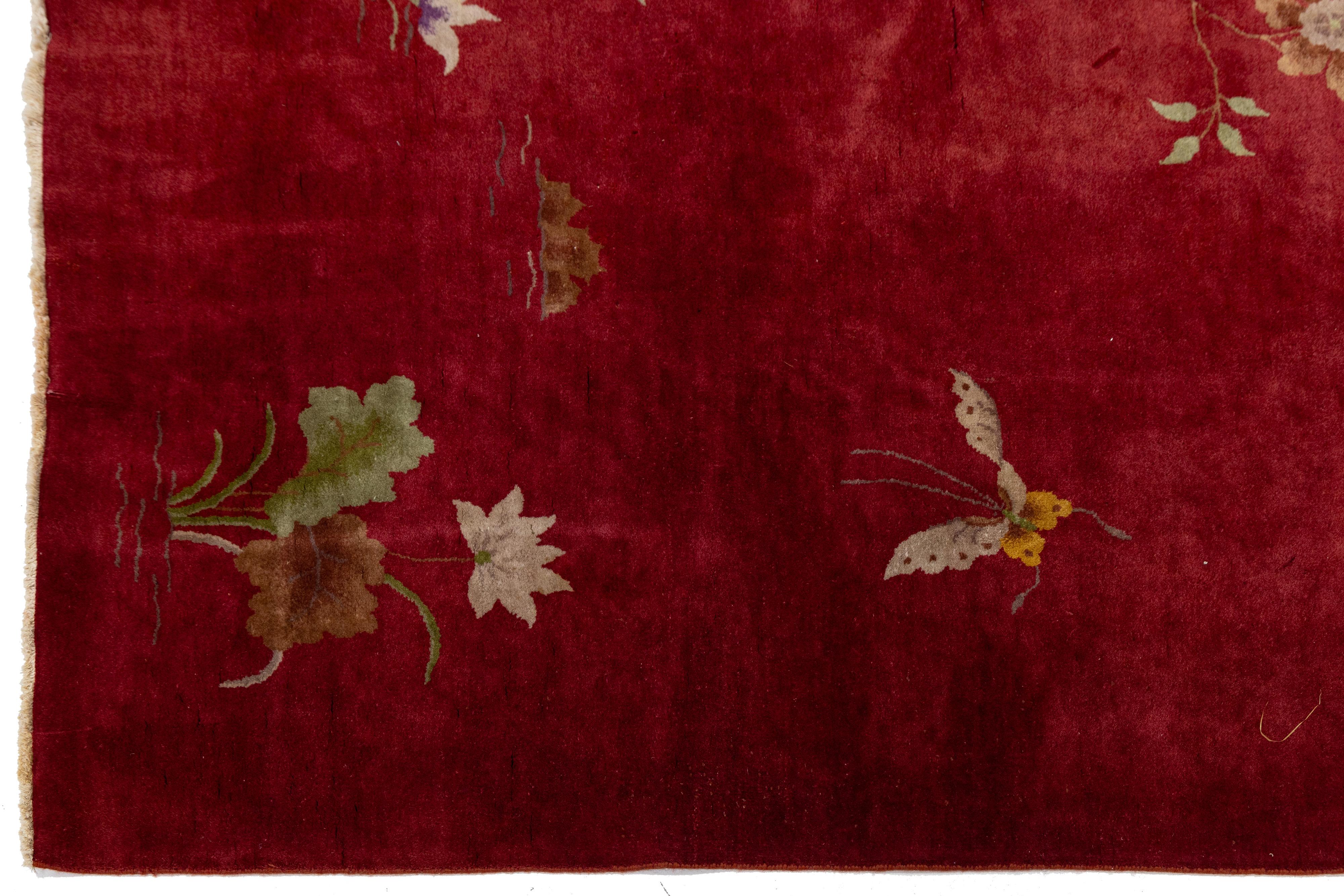 8 x 10 Antique Red Art Deco Chinese Handmade Wool Rug For Sale 4