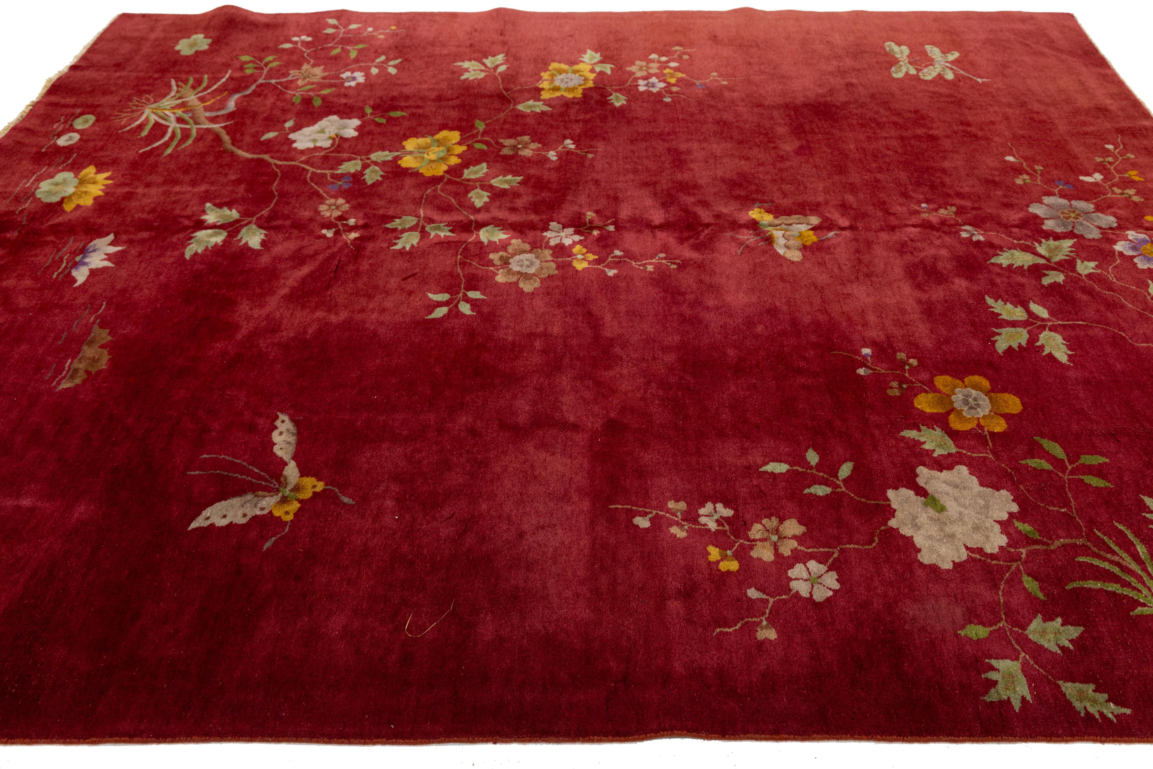 8 x 10 Antique Red Art Deco Chinese Handmade Wool Rug For Sale 5