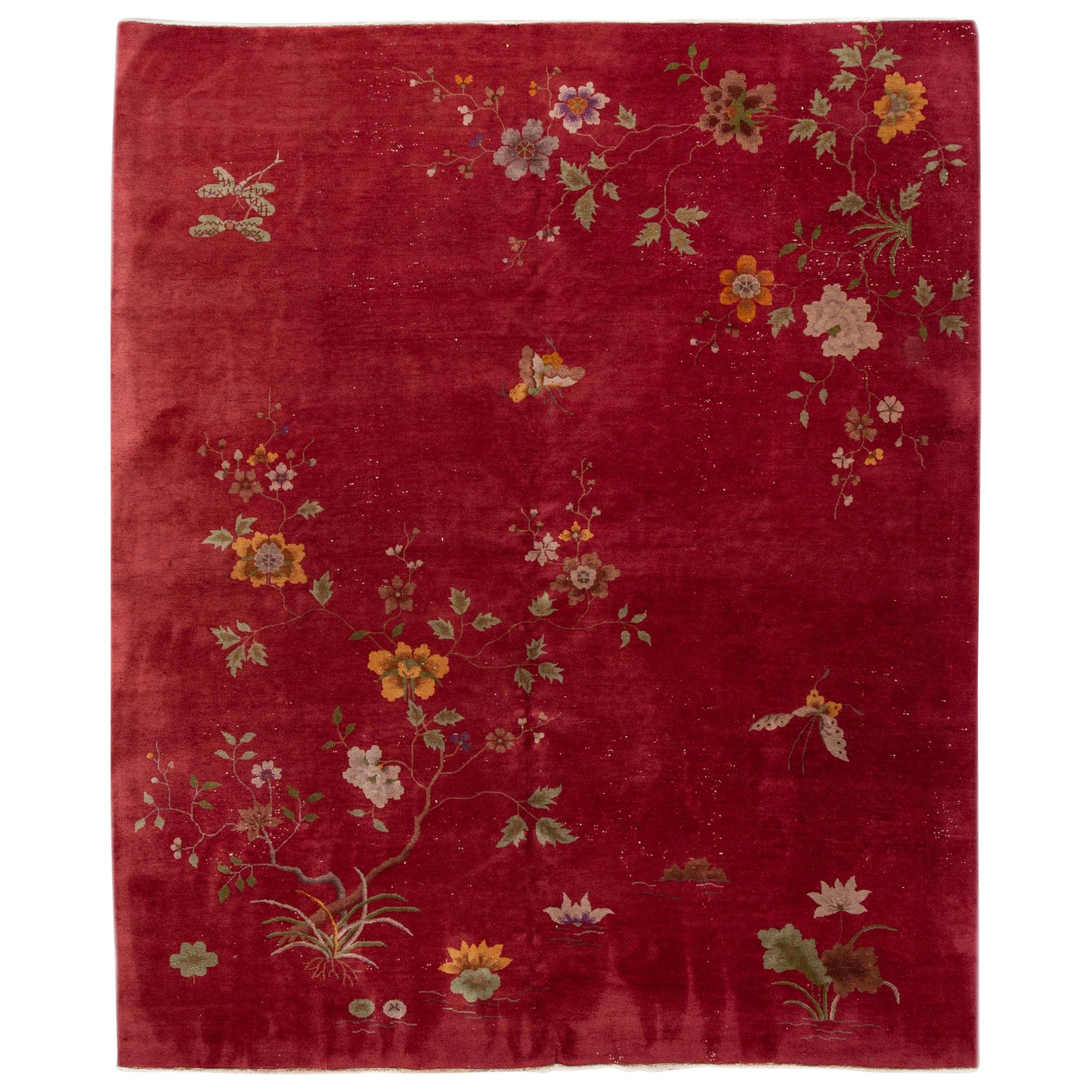 Antique Red Art Deco Chinese Handmade Wool Rug For Sale