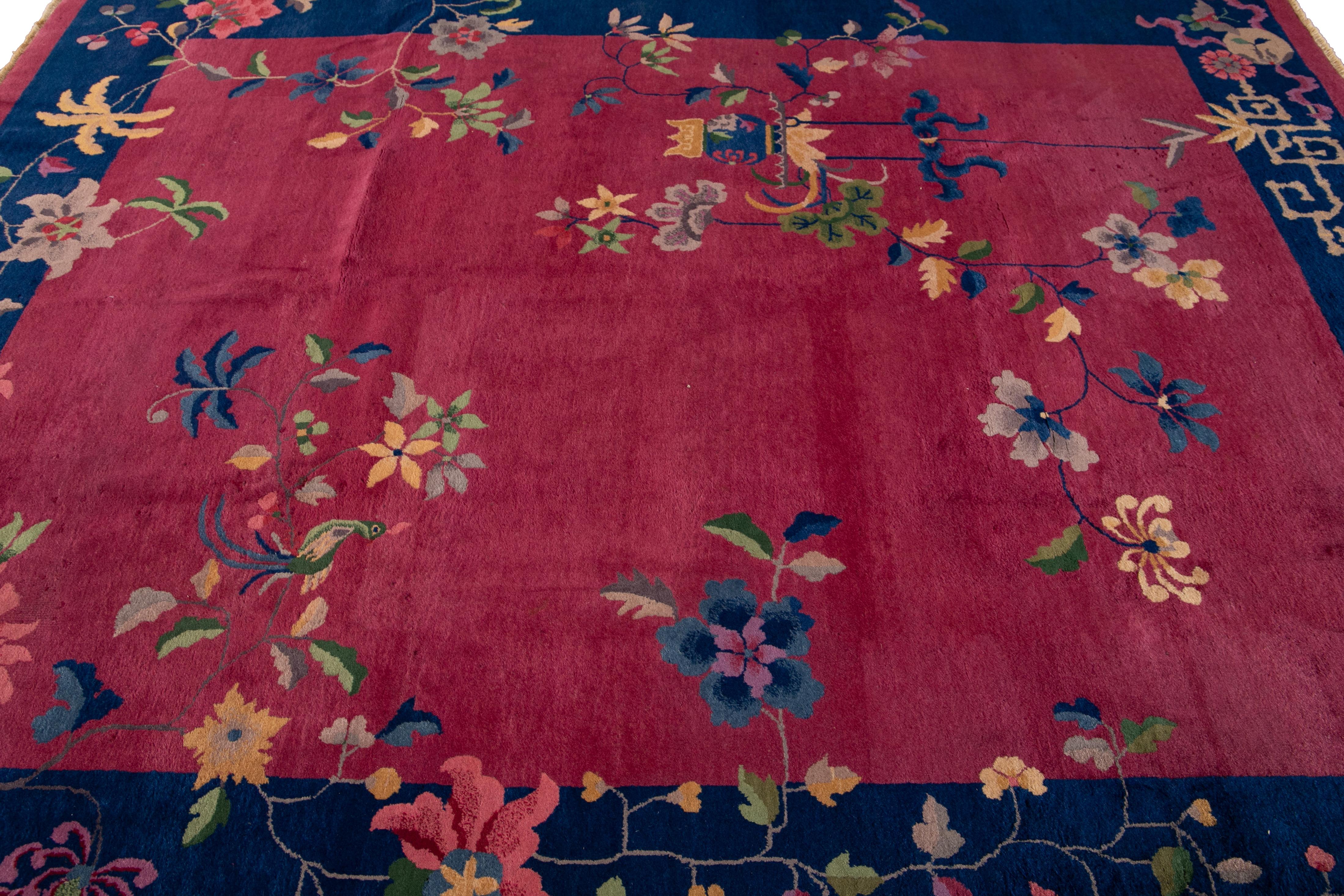 Antique Red Art Deco Chinese Wool Rug For Sale at 1stDibs