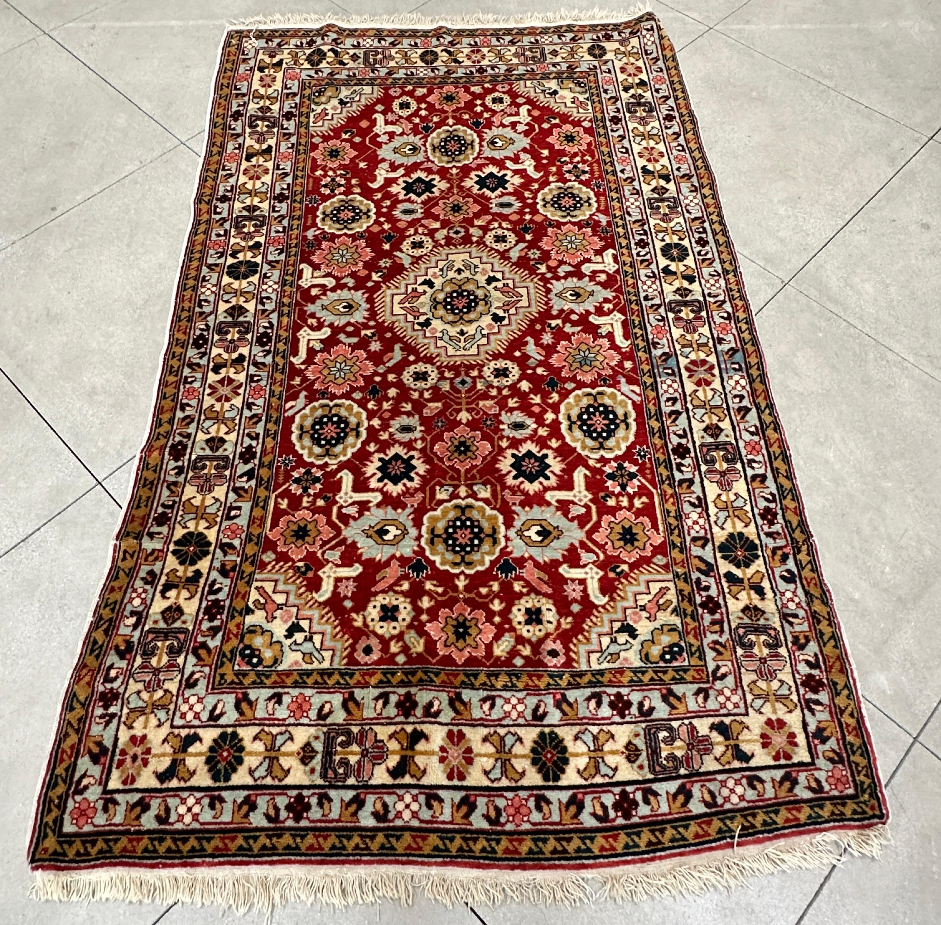 Hand-Woven Old Red, Beige, and Blue Accent Rug For Sale