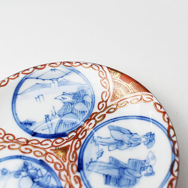 Chinese Antique Red Blue and Gold Geisha Motif Saucer Sichuan Province, Signed For Sale