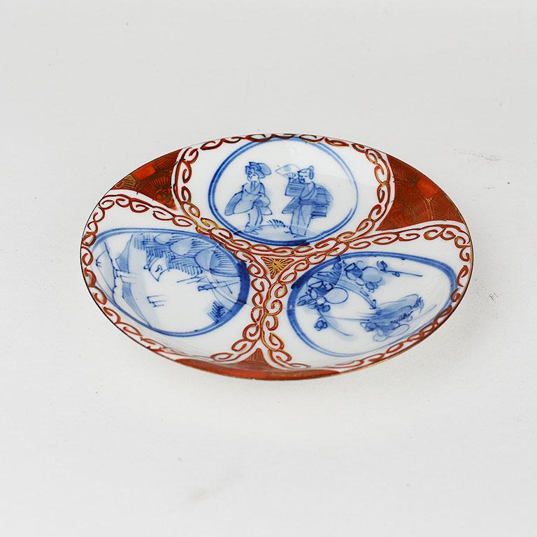 Glazed Antique Red Blue and Gold Geisha Motif Saucer Sichuan Province, Signed For Sale