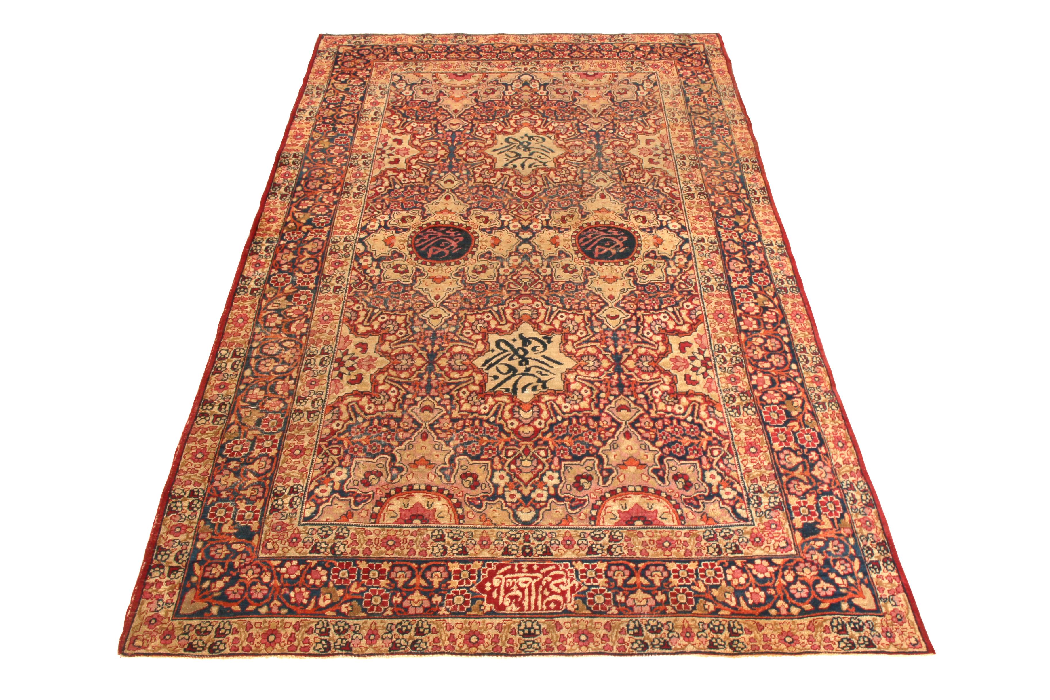 Hand knotted in wool originating circa 1890-1900, this antique Persian rug, whose origins lie in the celebrated Kerman Lavar style, has a story all its own. While the traditional medallion design of the Persian rug is vibrant and lively, this wool