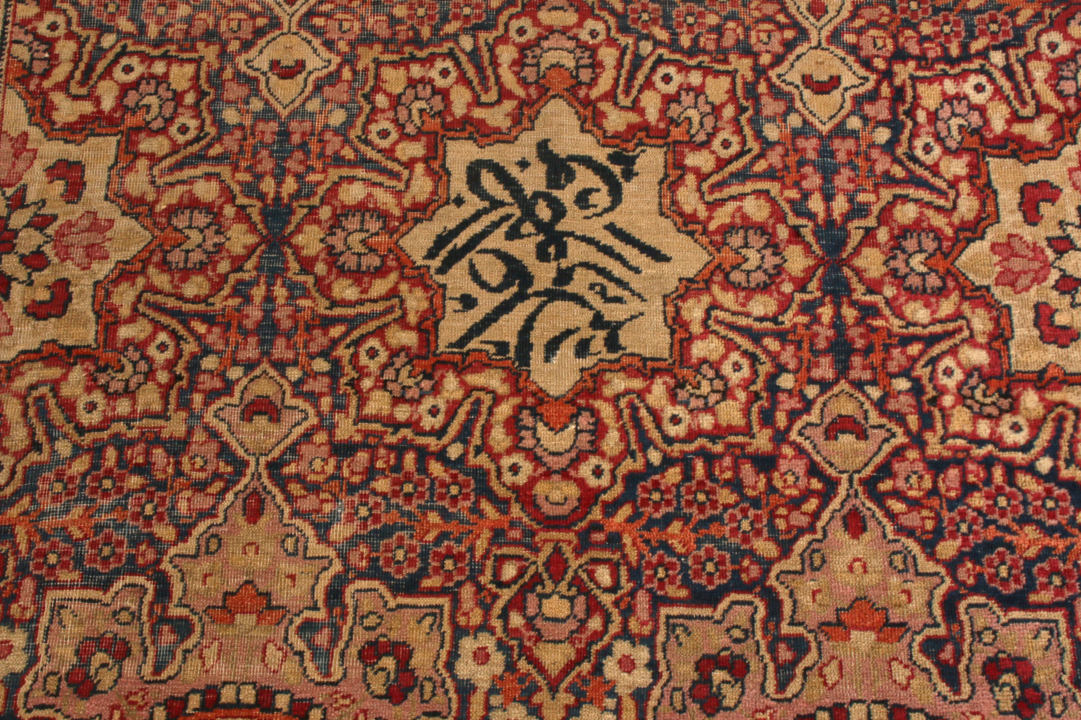 Hand-Knotted Antique Red Blue Cream Kerman Lavar Floral Wool Persian Rug by Rug & Kilim For Sale