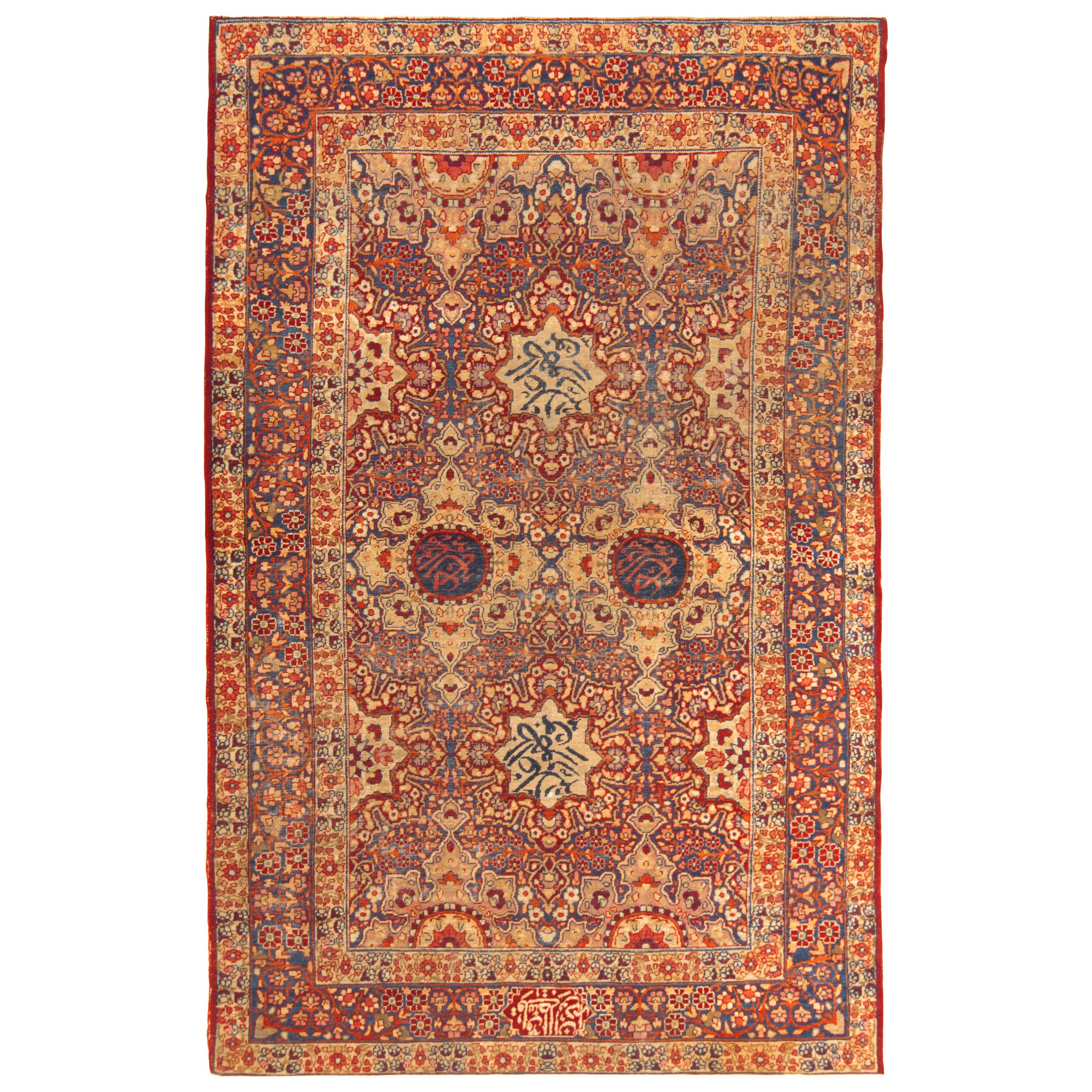 Antique Red Blue Cream Kerman Lavar Floral Wool Persian Rug by Rug & Kilim For Sale