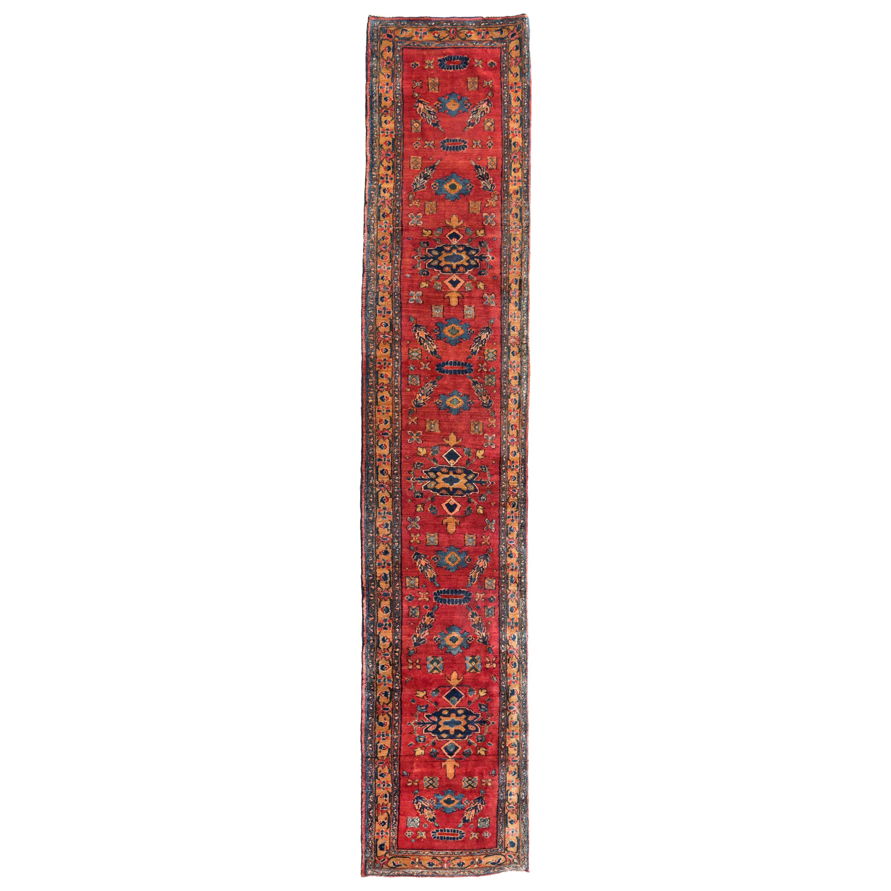 Antique Red Blue Tribal Geometric Persian Mohajeran Sarouk Runner Rug, c. 1920s For Sale