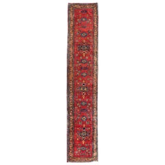 Antique Red Blue Tribal Geometric Persian Mohajeran Sarouk Runner Rug, c. 1920s