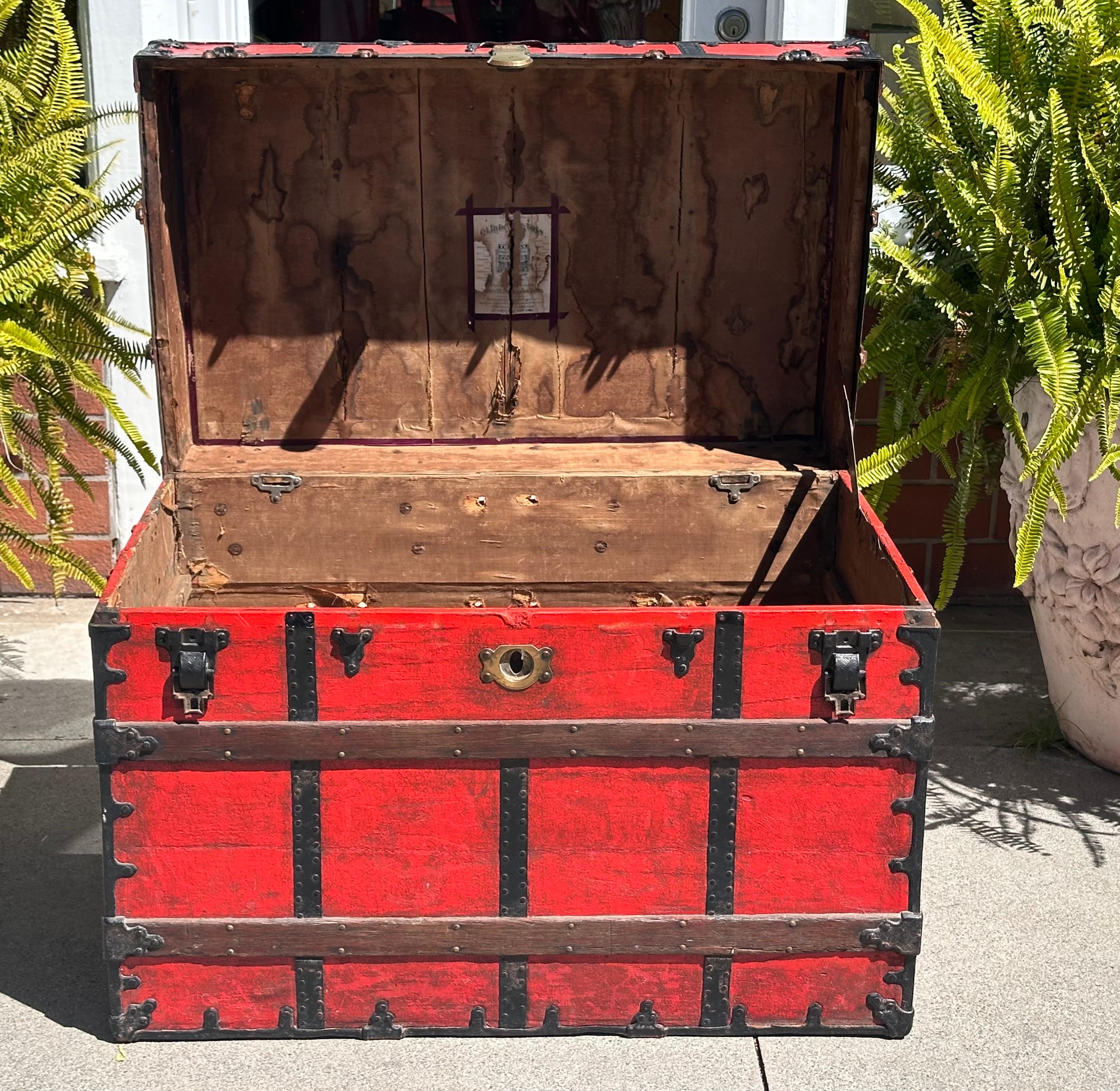American Antique Red C. A. Taylor Chicago Steamer Trunk For Sale