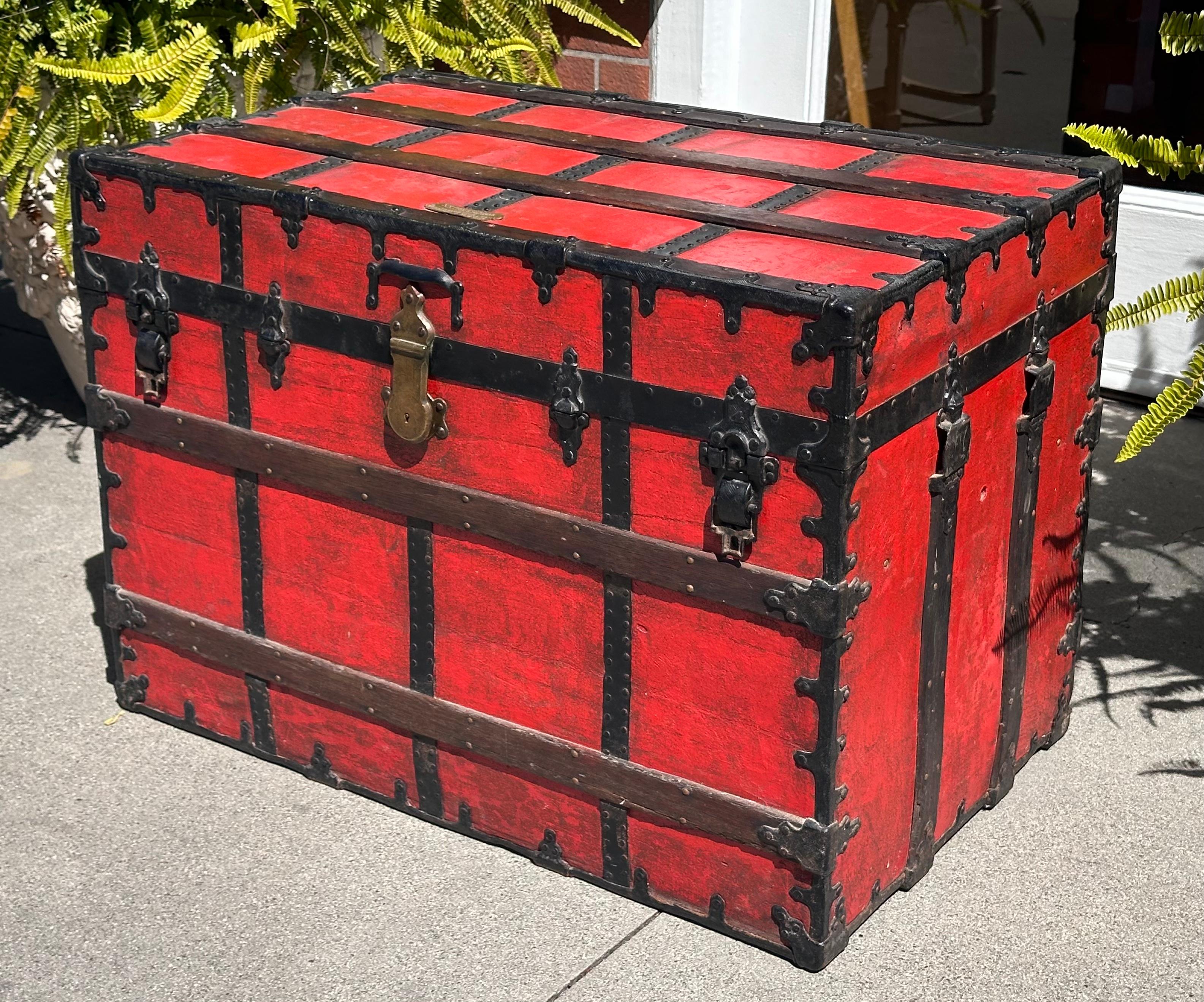 Late 19th Century Antique Red C. A. Taylor Chicago Steamer Trunk For Sale