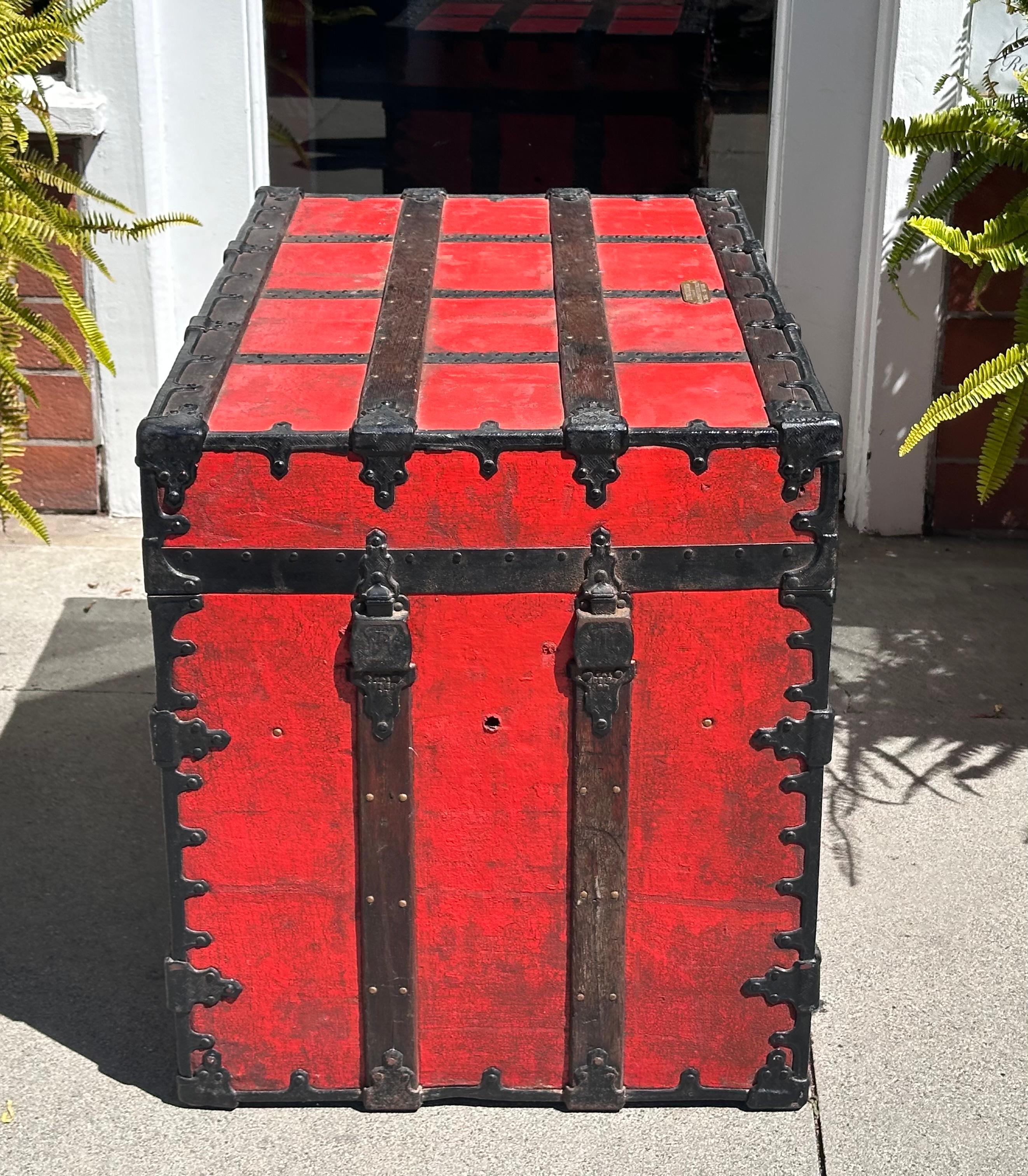 Wood Antique Red C. A. Taylor Chicago Steamer Trunk For Sale