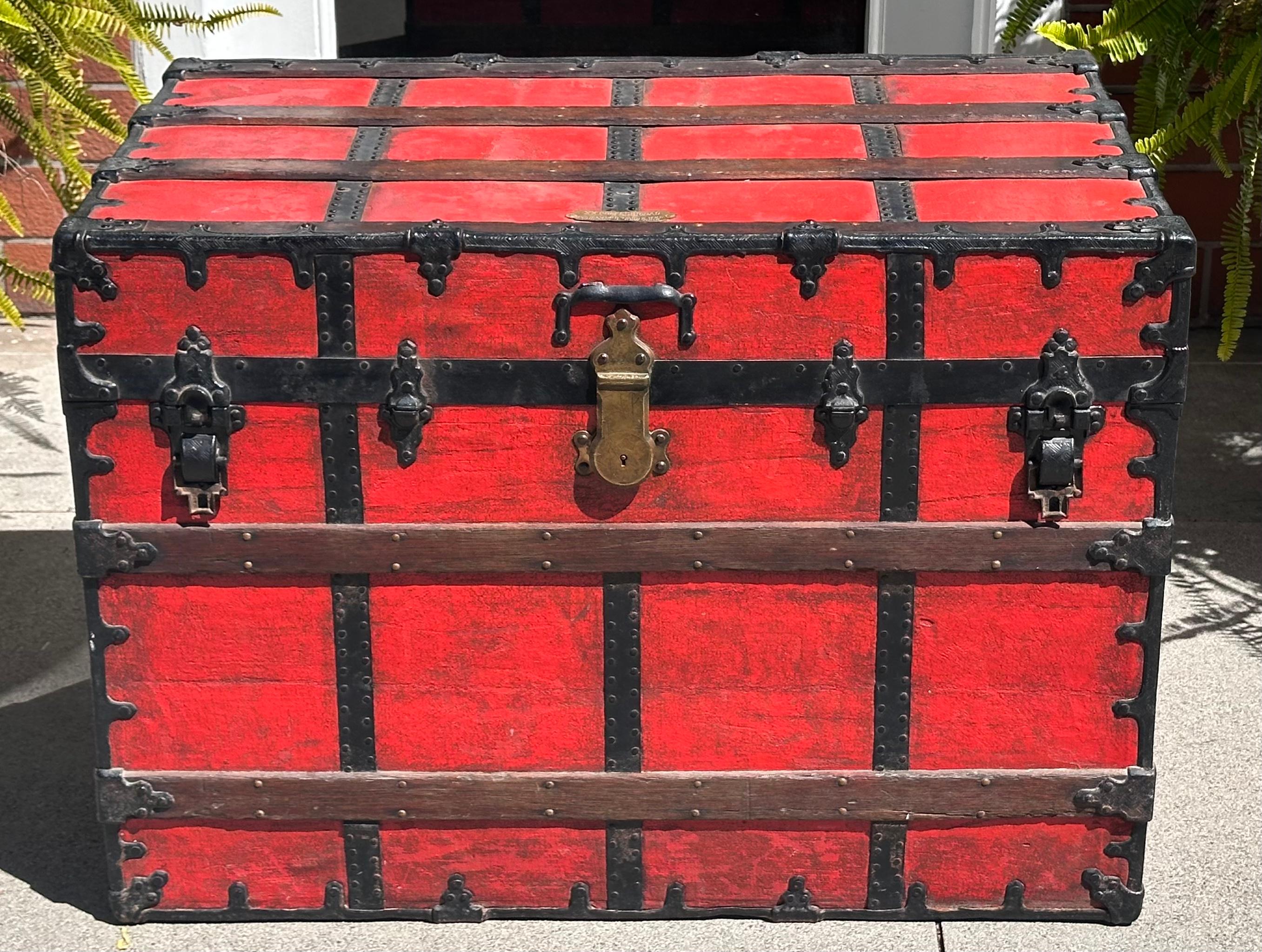 Antique Red C. A. Taylor Chicago Steamer Trunk For Sale 1