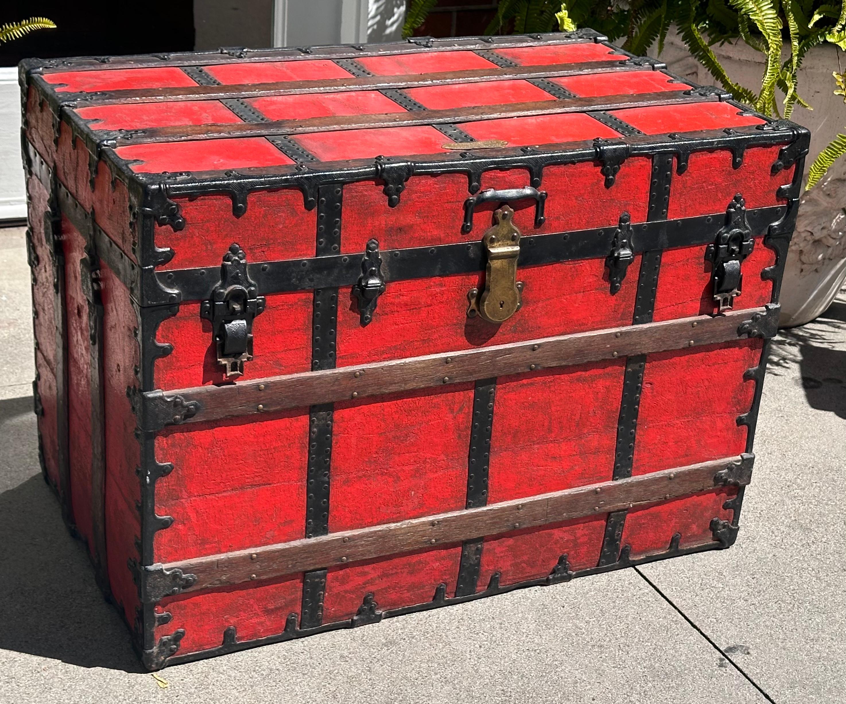 Antique Red C. A. Taylor Chicago Steamer Trunk For Sale 2