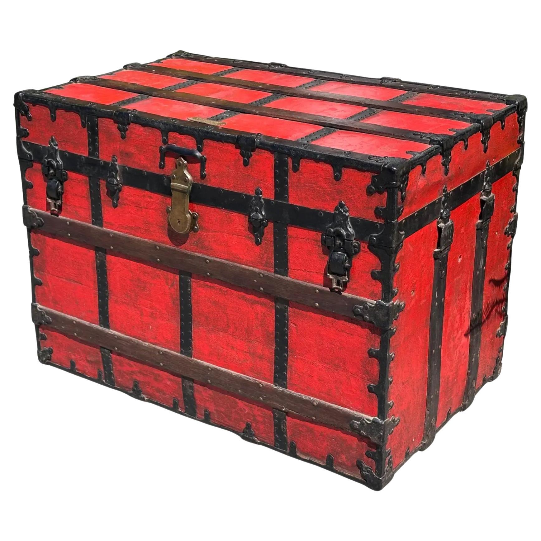 Antique Red C. A. Taylor Chicago Steamer Trunk For Sale