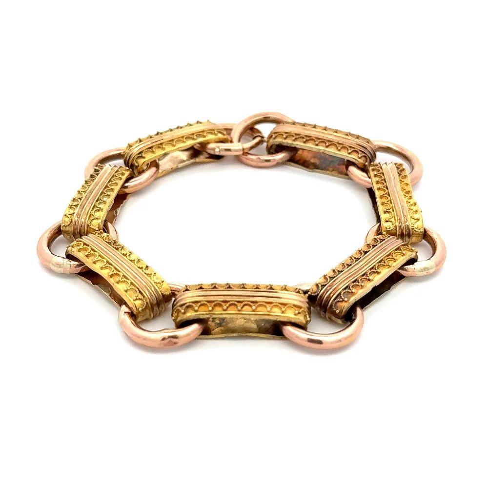 Antiquities Red Carpet Granulation Gold Bar and Circle Link Statement Bracelet Excellent état - En vente à Montreal, QC