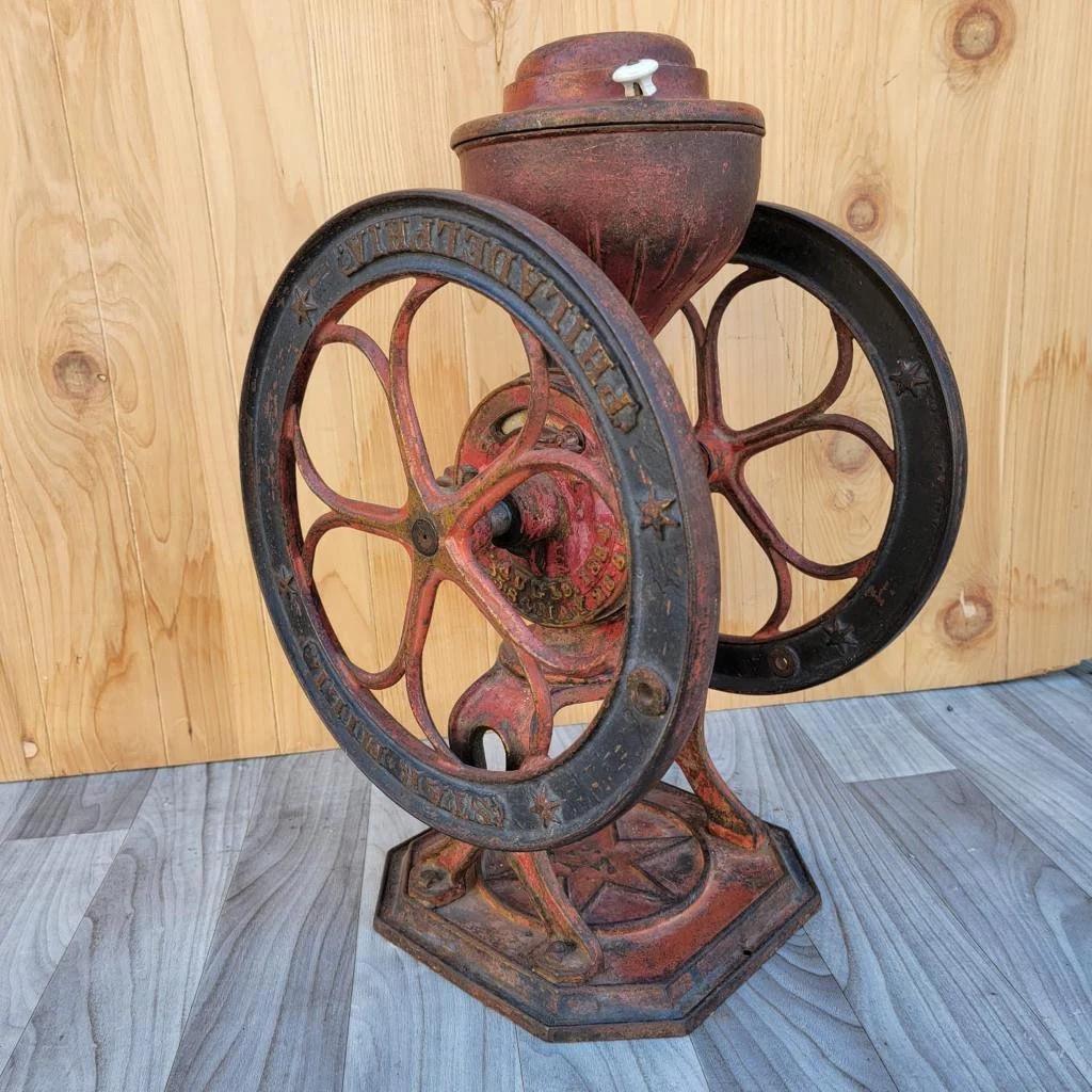 Antique Red Cast Iron Star Mill Co. Philadelphia No. 7 Coffee Grinder For Sale 2