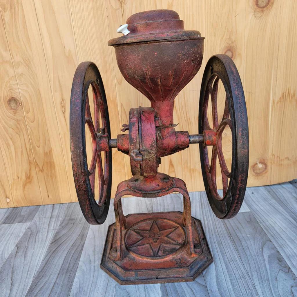 Antique Red Cast Iron Star Mill Co. Philadelphia No. 7 Coffee Grinder For Sale 3