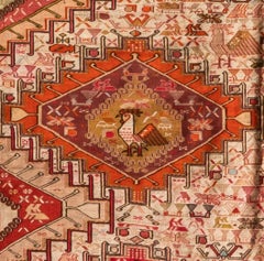 Antique Red Rose Pink Geometic Caucasian Silk Soumak Rug with Birds, circa 1960s
