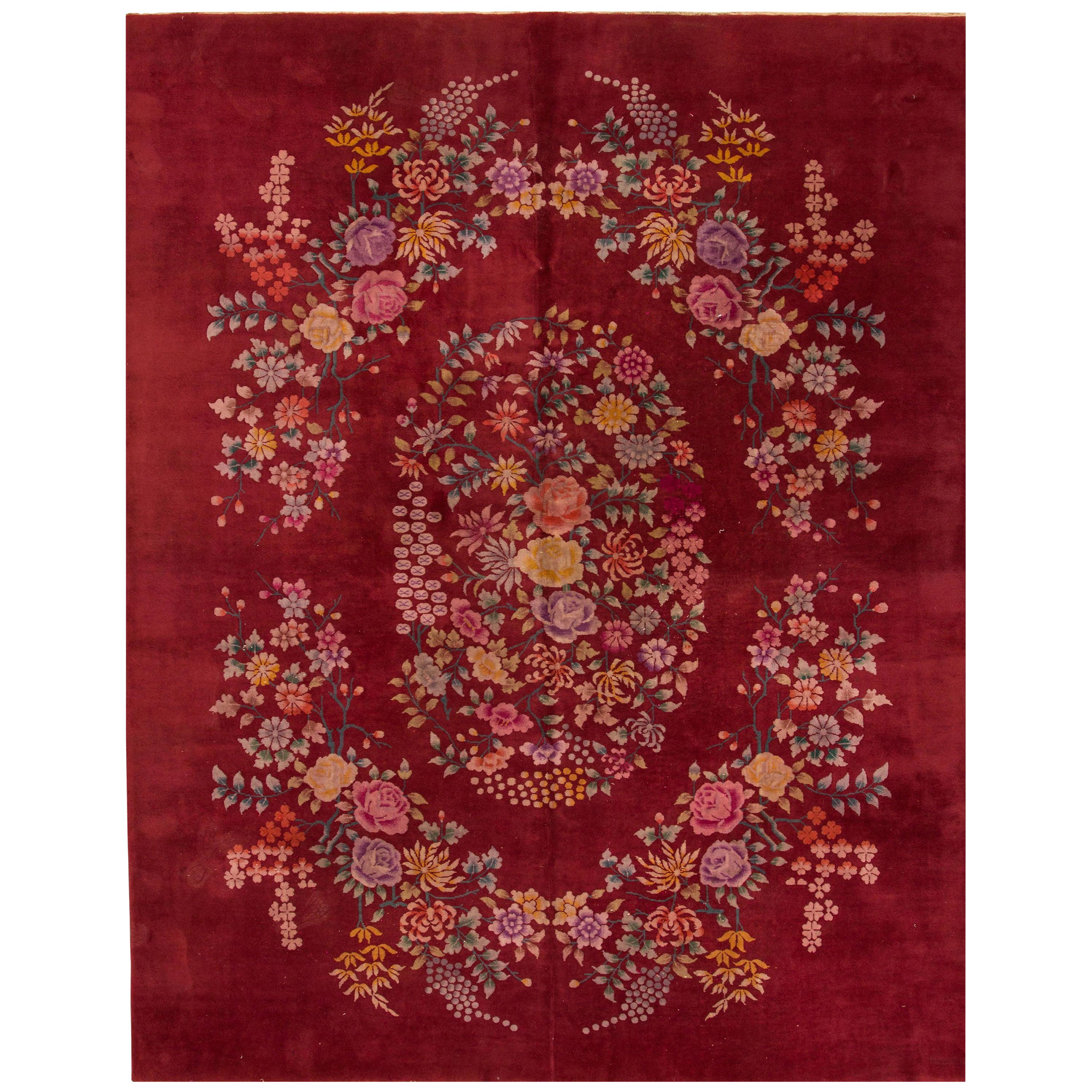 Antique Red Chinese Art Deco Rug For Sale