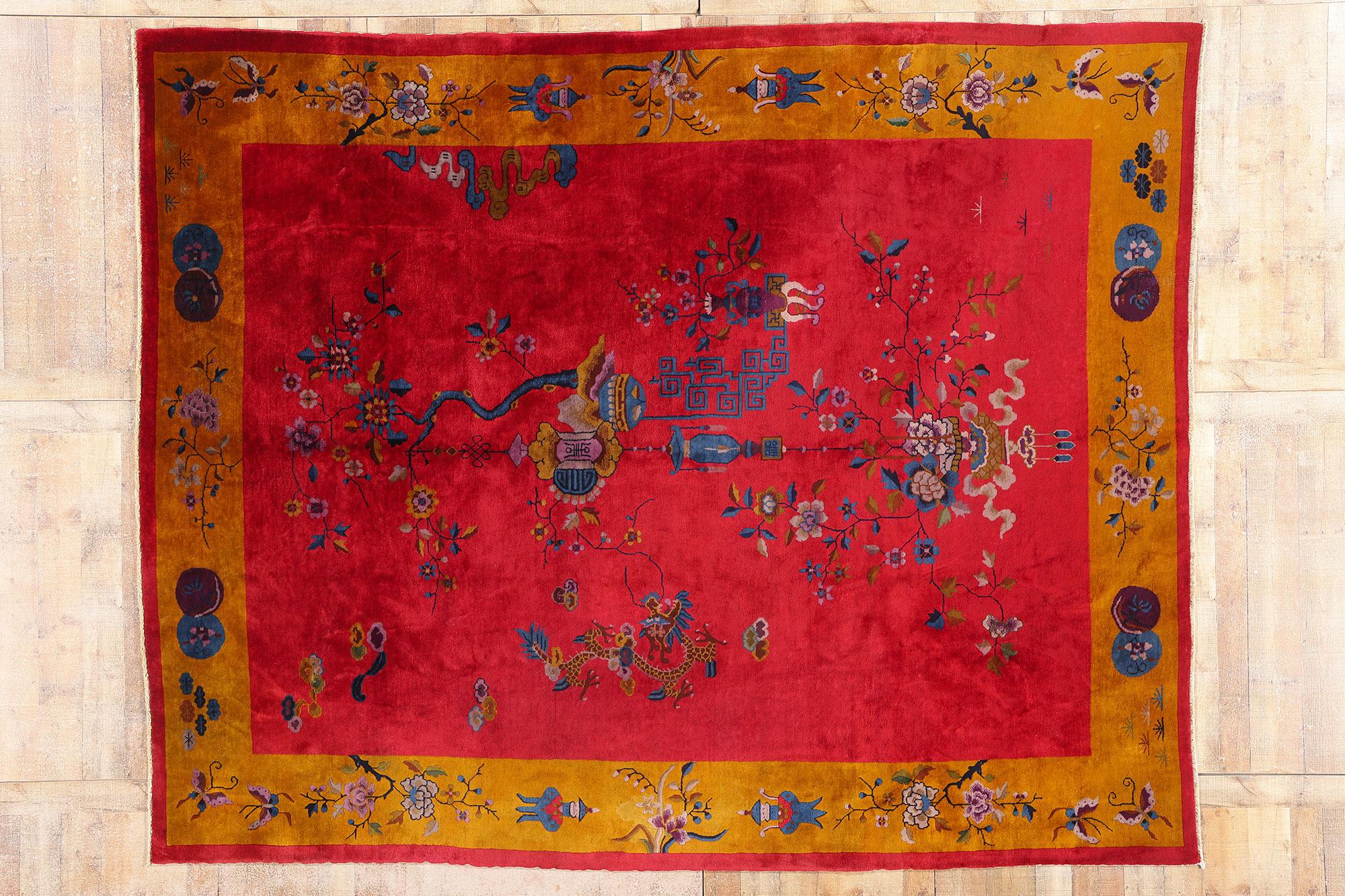 Antique Red Chinese Art Deco Rug For Sale 4