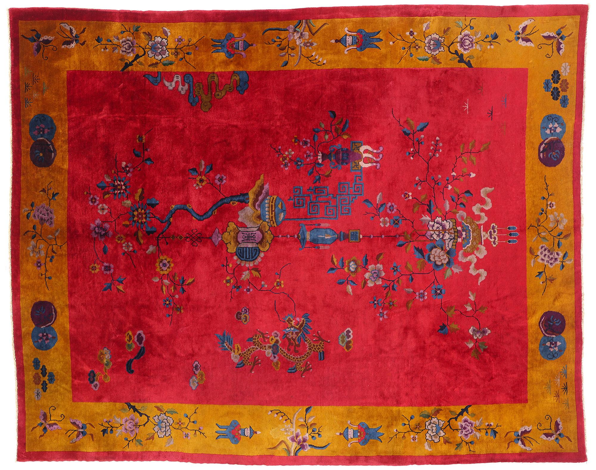 Antique Red Chinese Art Deco Rug For Sale 5
